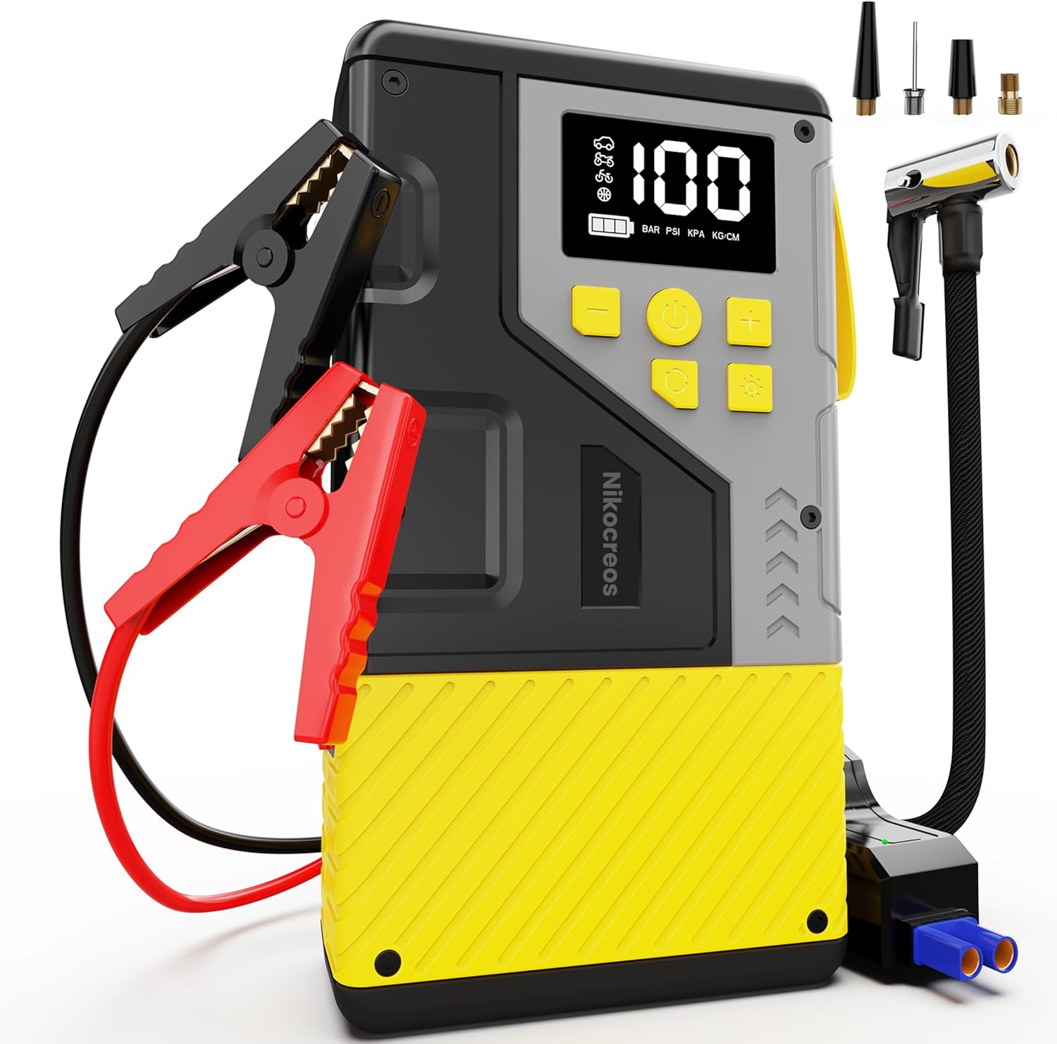 Portable Car Jump Starter with Air Compressor for Emergencies,3000A Peak and 150 PSI Max,for 12L Gas  10L Diesel Engines,LCD Display,LED Light