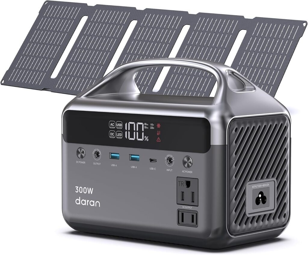 Portable Power Station 300W, 192Wh LiFePO4 Battery Solar Generator with 40W Solar Panel  2 AC Outlets 110V/ 600W Surge, Power Bank Fast Charging AC DC USB Ports for Christmas lights, Camping, RVs