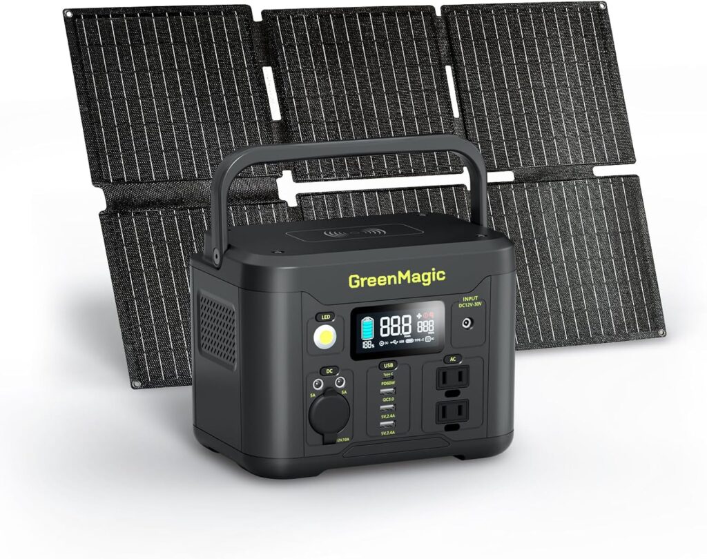 Portable Power Station 330W, Solar Powered Generator with Fast PD Output with 60W Solar Panel, 120V Pure Sine Wave AC Outlet Charging Lithium Battery for Outdoors Camping Travel Home Blackout