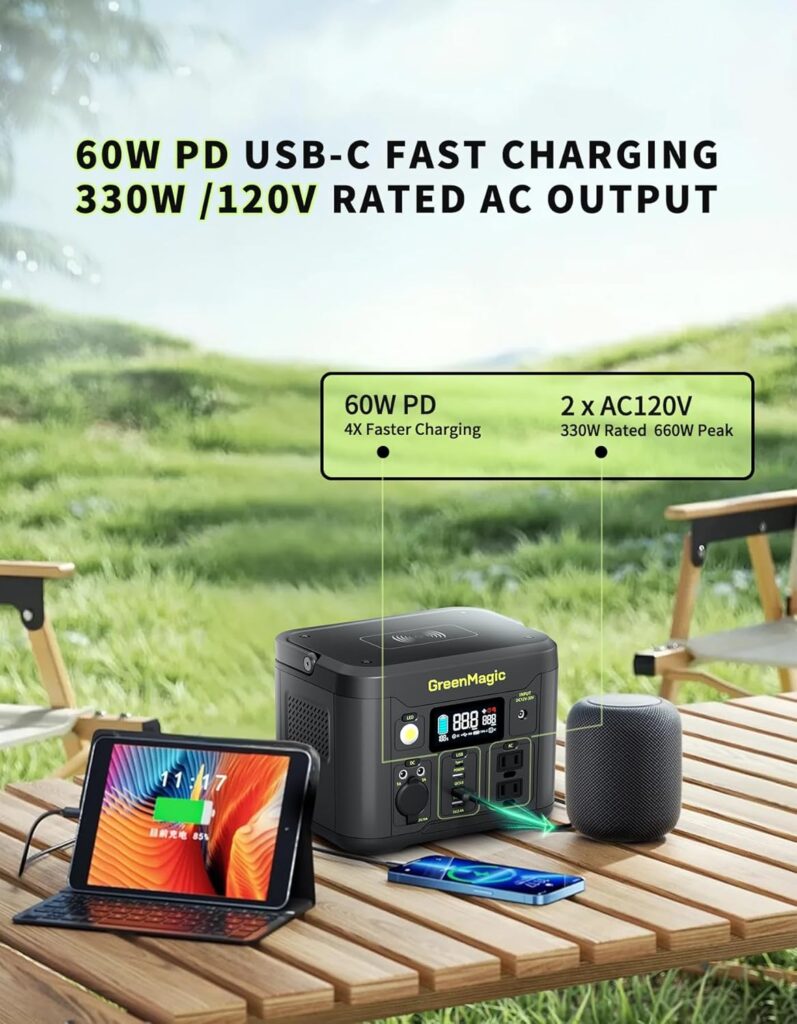 Portable Power Station 330W, Solar Powered Generator with Fast PD Output with 60W Solar Panel, 120V Pure Sine Wave AC Outlet Charging Lithium Battery for Outdoors Camping Travel Home Blackout