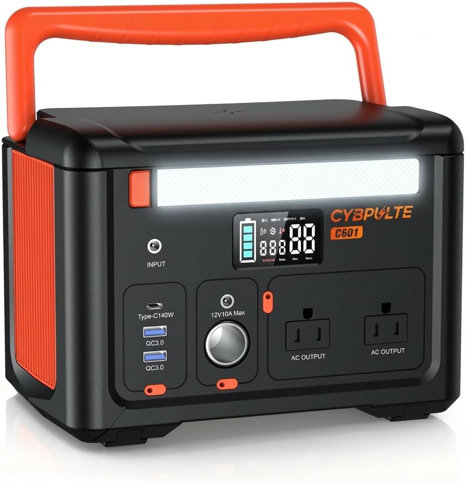 Portable Power Station 600W(1200W Surge), 299Wh Camping Power Station with 2 AC Outlet, 140W USB-C Fast Charging,7 Ports Mini Solar Generator for Camping Indoor Outdoor Emergency RV (CYBPULTE C601)