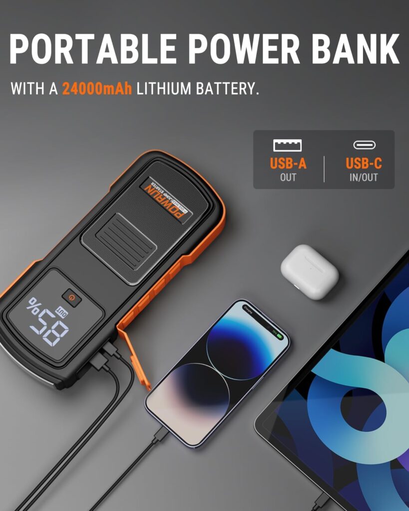 Powrun P-ONE MAX Jump Starter, 4000A Portable Jump Box, Car Jump Starter Battery Pack for All Gas or Diesel Engines up to 10.0L, 12V Car Battery Jump Starter with a Carrying Case Powrun P-ONE MAX Jump Starter, 4000A Portable Jump Box, Car Jump Starter Battery Pack for All Gas or Diesel Engines up to 10.0L, 12V Car Battery Jump Starter with a Carrying Case