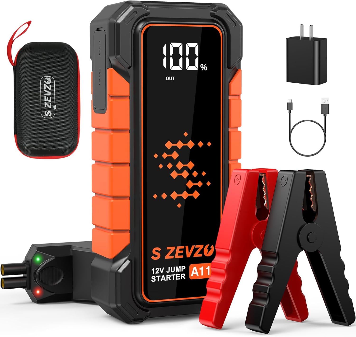 S ZEVZO A11 Jump Starter, Upgraded 5000A Car Battery Jumper Starter Portable (10.0L Gas  7.0L Diesel Engines) with Booster 12V Lithium Jump Box with USB Charger, LCD Display, Flashlight, and Case