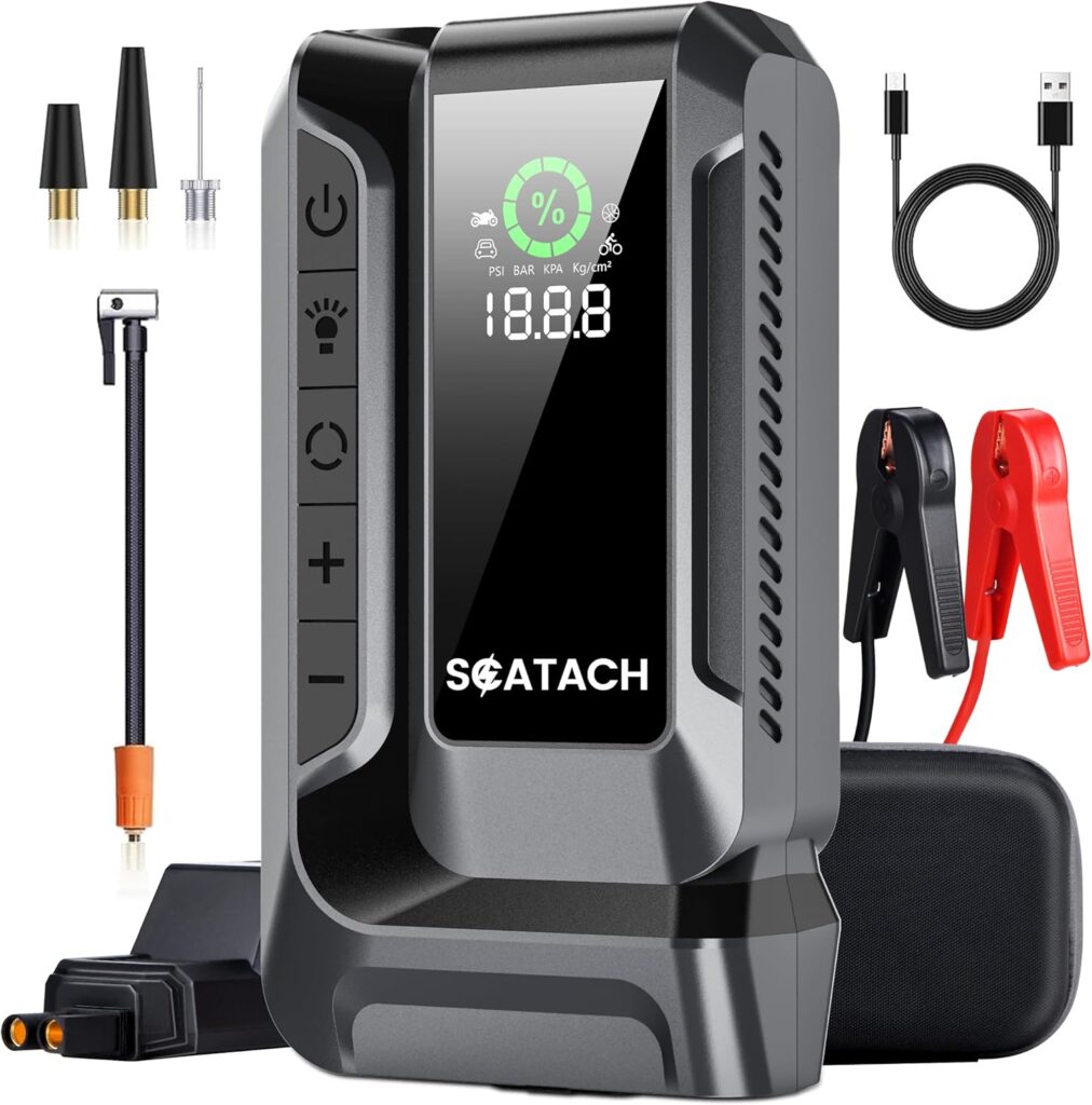 Scatach Q16 5000A Car Jump Starter with Air Compressor, 150PSI Portable Jump Starter Battery Pack (14.0L Gas/12.0L Diesel), with QC3.0, Large Display, 3 Modes Flashlight and Jumper Cable