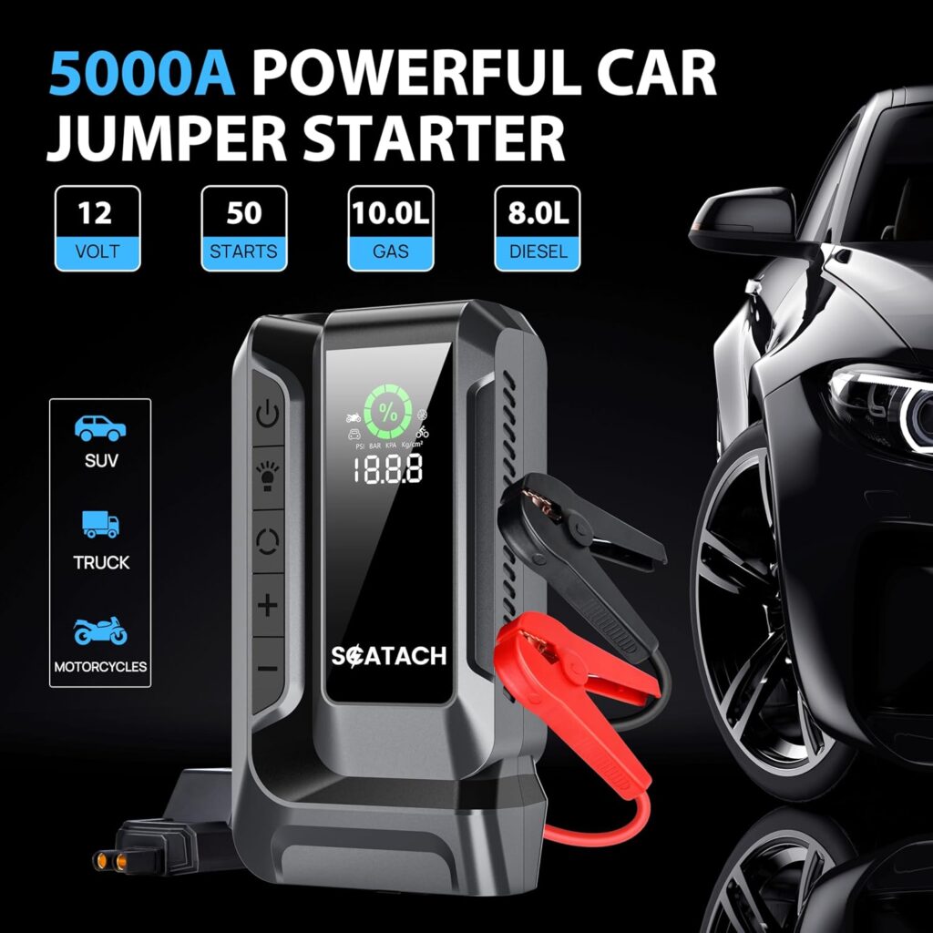Scatach Q16 5000A Car Jump Starter with Air Compressor, 150PSI Portable Jump Starter Battery Pack (14.0L Gas/12.0L Diesel), with QC3.0, Large Display, 3 Modes Flashlight and Jumper Cable