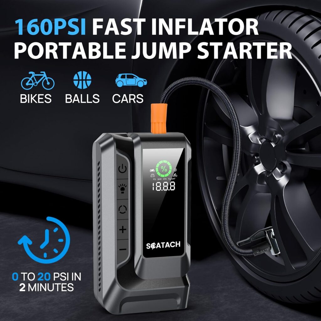 Scatach Q16 5000A Car Jump Starter with Air Compressor, 150PSI Portable Jump Starter Battery Pack (14.0L Gas/12.0L Diesel), with QC3.0, Large Display, 3 Modes Flashlight and Jumper Cable