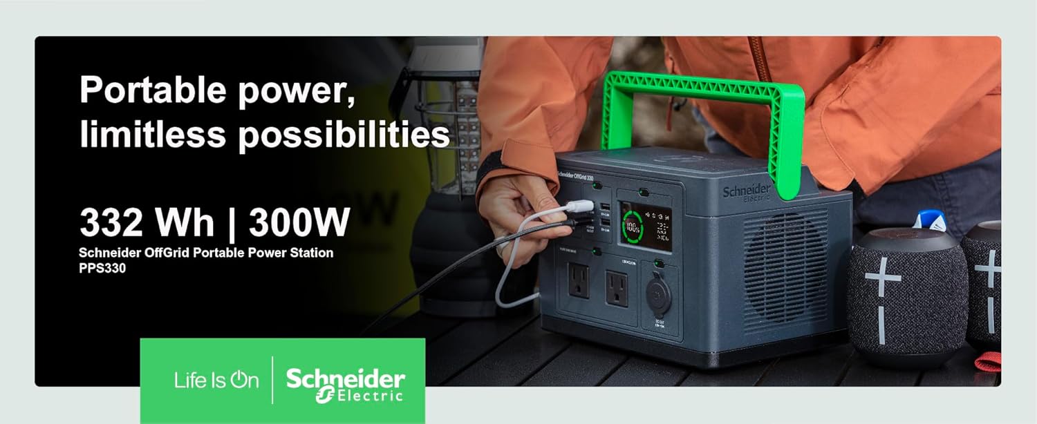 Schneider Electric OffGrid 332Wh Portable Power Station, PPS330 Portable Solar Generator with Wireless Charging Pad, for Camping or Home