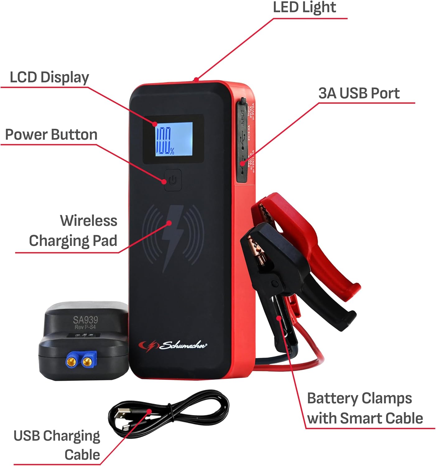 Schumacher Electric 2000A Lithium Car Battery Jump Starter  Portable Power Pack/Jump Box, 4-in-1 Solution, 10W Wireless  3A USB Charging, for 12V Power Sport, Automotive,  Marine Batteries, SL1643