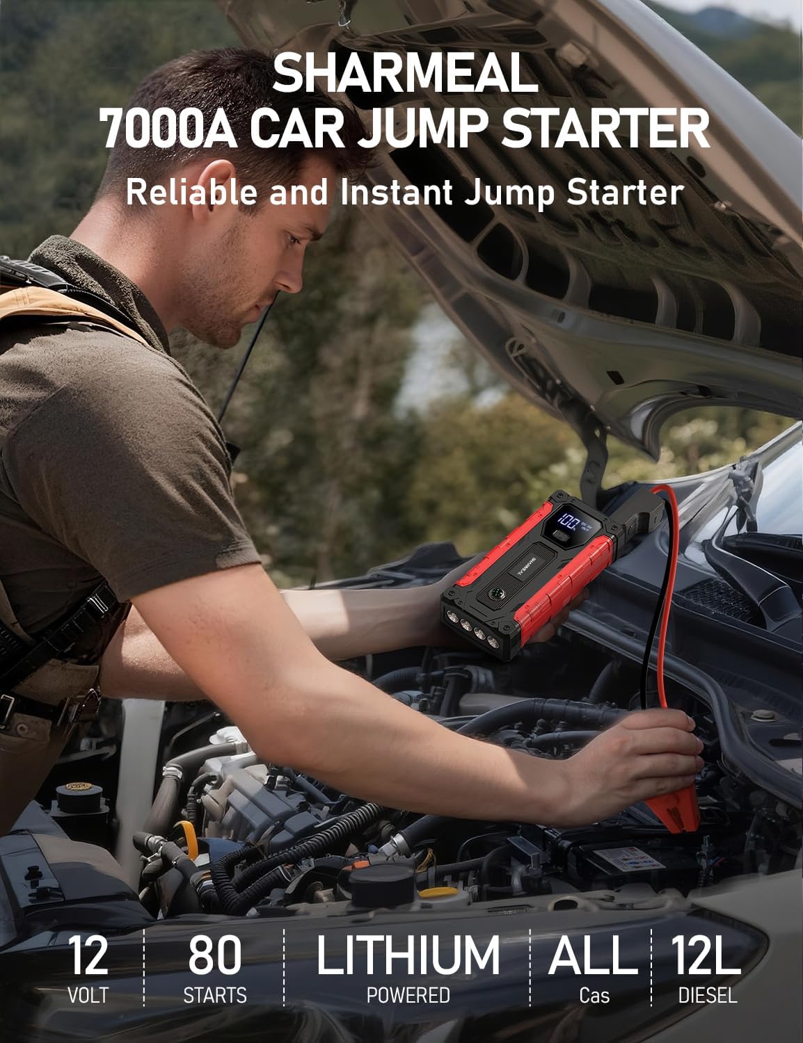 Sharmeal Car Jump Starter 3000A, Jump Starter Battery Pack for 9.0L Gas and 7.0L Diesel, 12V Portable Jump Box with LED Light
