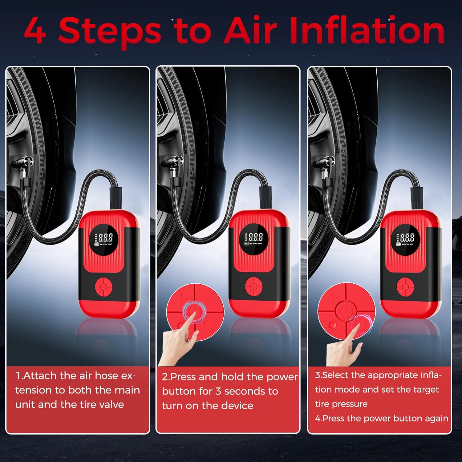 Tire Inflator Portable Air Compressor  Car Jump Starter, Cordless Air Pump with LED Light  Pressure Gauge for Auto,Motorcycles,Bikes,Balls.