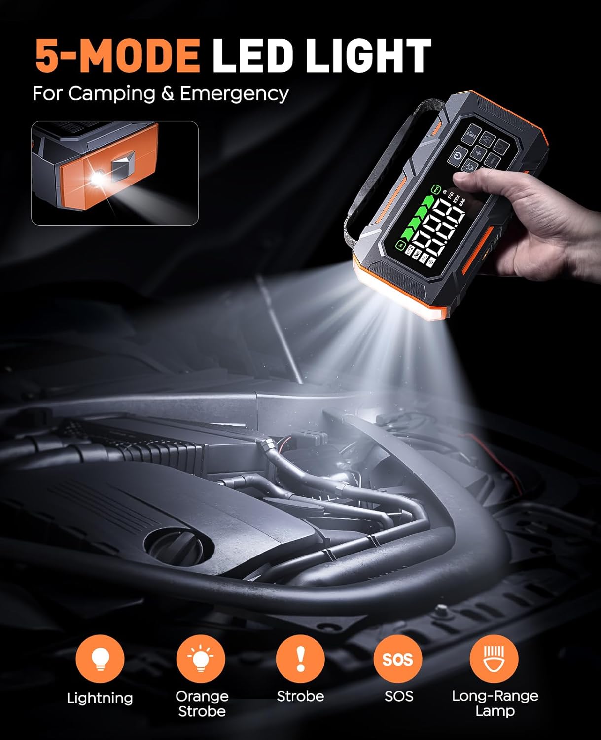 TREKURE 16-in-1 Car Jump Starter with Air Compressor 160PSI, 8000A Jump Starter Jump Box (All Gas 12L Diesel), Jumper Cables Jumper Starter Portable with Car Roadside Emergency Kit, Gloves, Lights