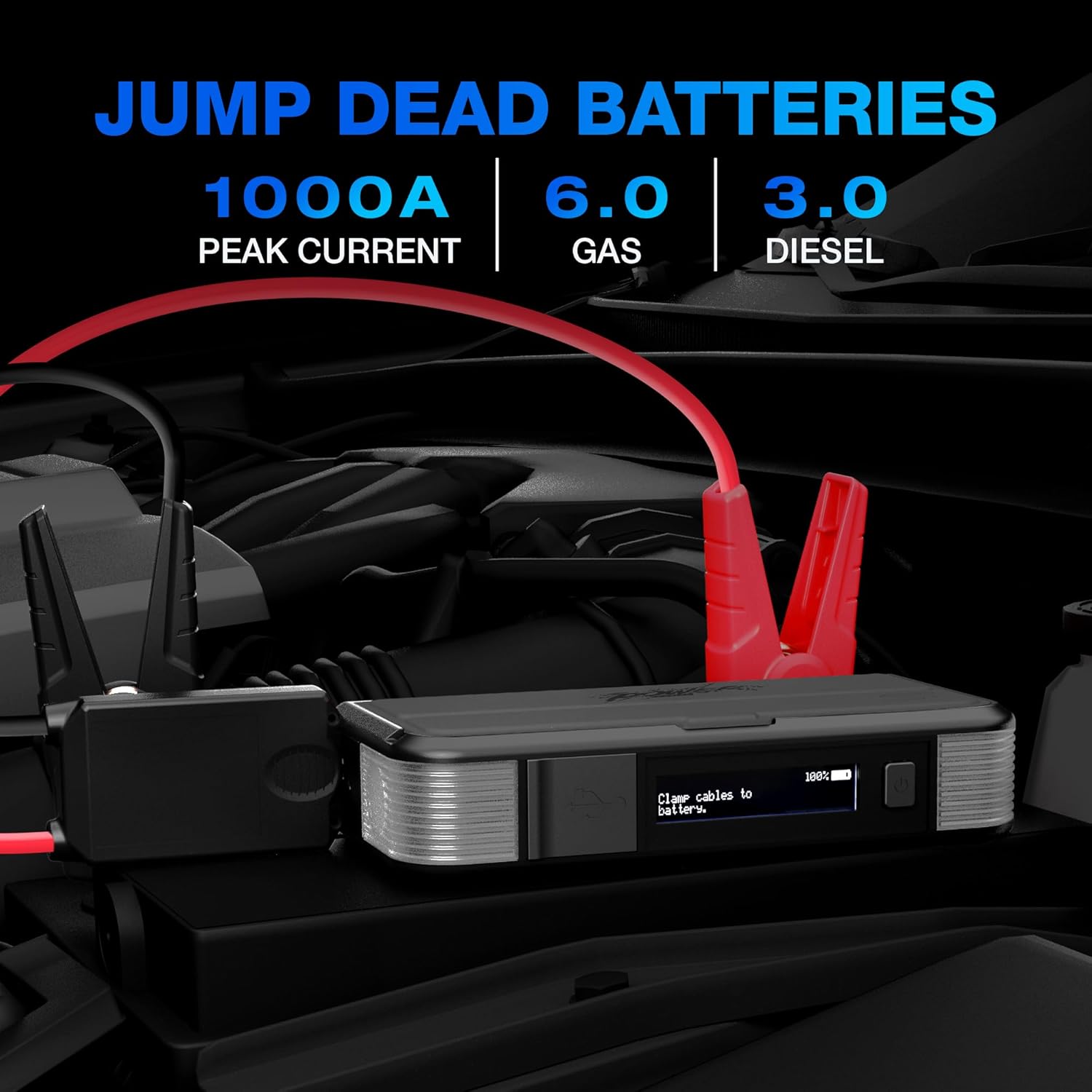 Type S 1000A Car Battery Jump Starter,12V 6.0L Gas 3.0L Diesel, 8000mAh Portable Power Bank Built-in Cable, MFI Certified, Qi Wireless Charging, LCD, Flashlight, UL-Listed
