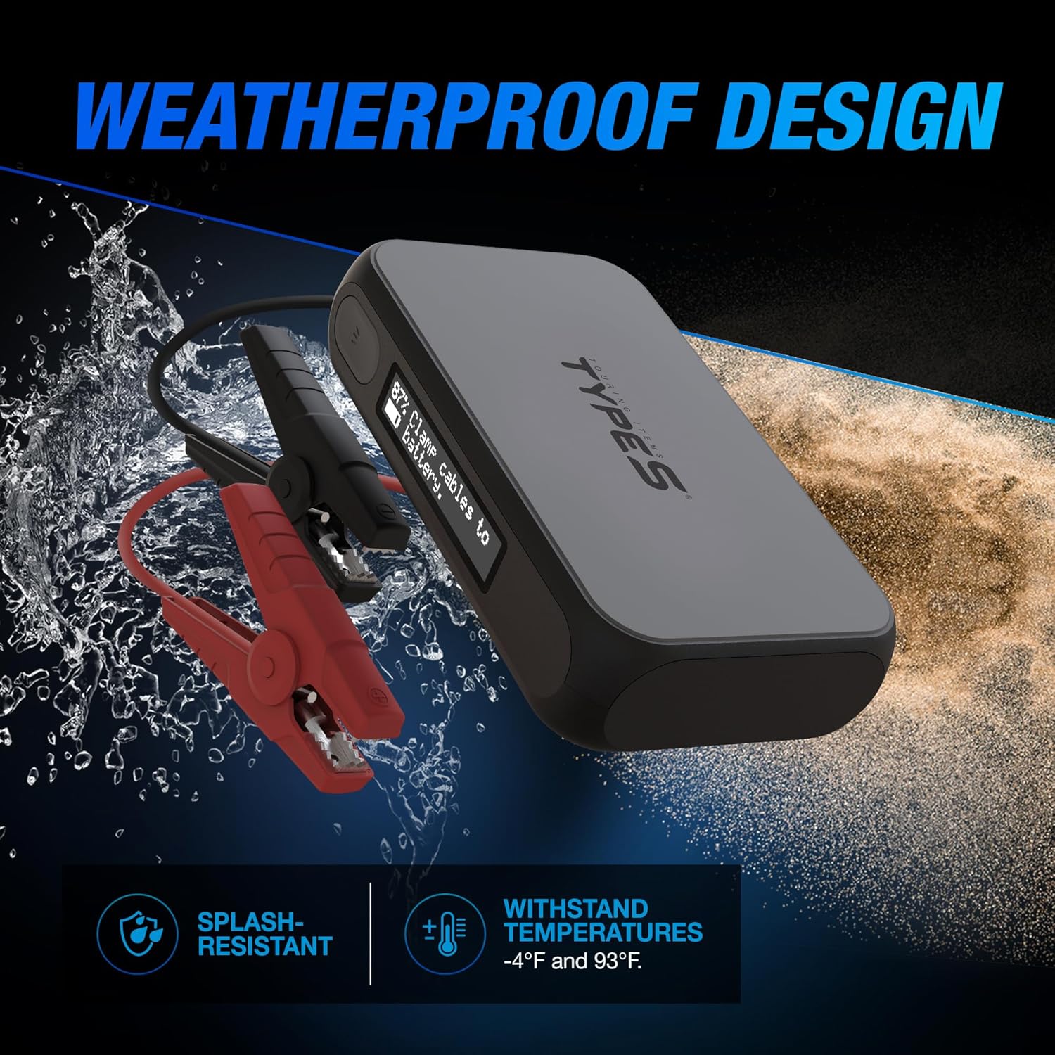Type S Dynamic D10 1000A Portable Battery Car Jump Starter with Power Bank, 12V 6L Gas 3L Diesel, LCD Display, Battery Jump Box, 8000mAh, LED Flashlight, IP64 Splash-Proof, USB-C  USB-A, UL Listed