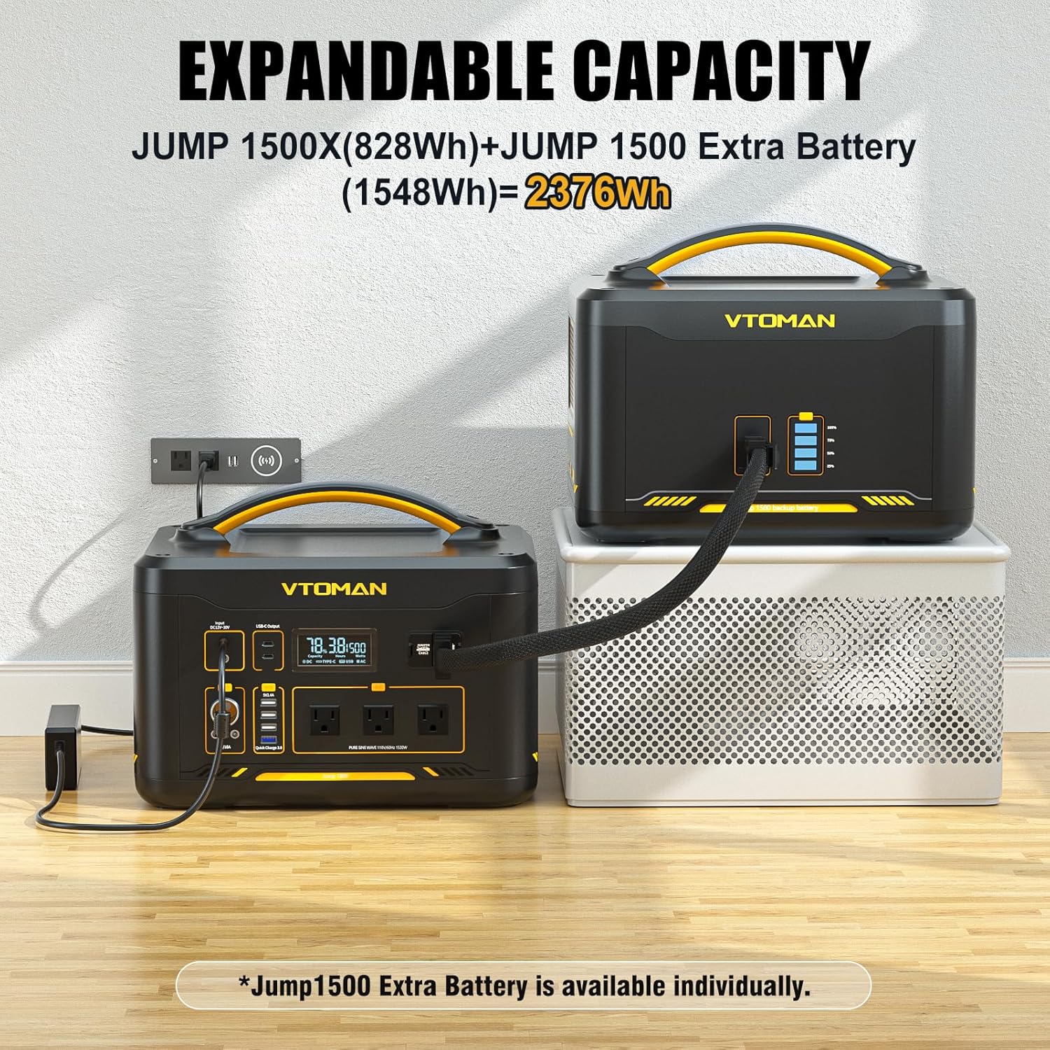 VTOMAN Jump1500X Portable Power Station, 828Wh LiFePO4 Battery Solar Generator with Jump Start, 1500W AC Outlet, 100W PD Type-C, Large Capacity Expandable to 2376Wh for Camping, RV Travel, Home Backup