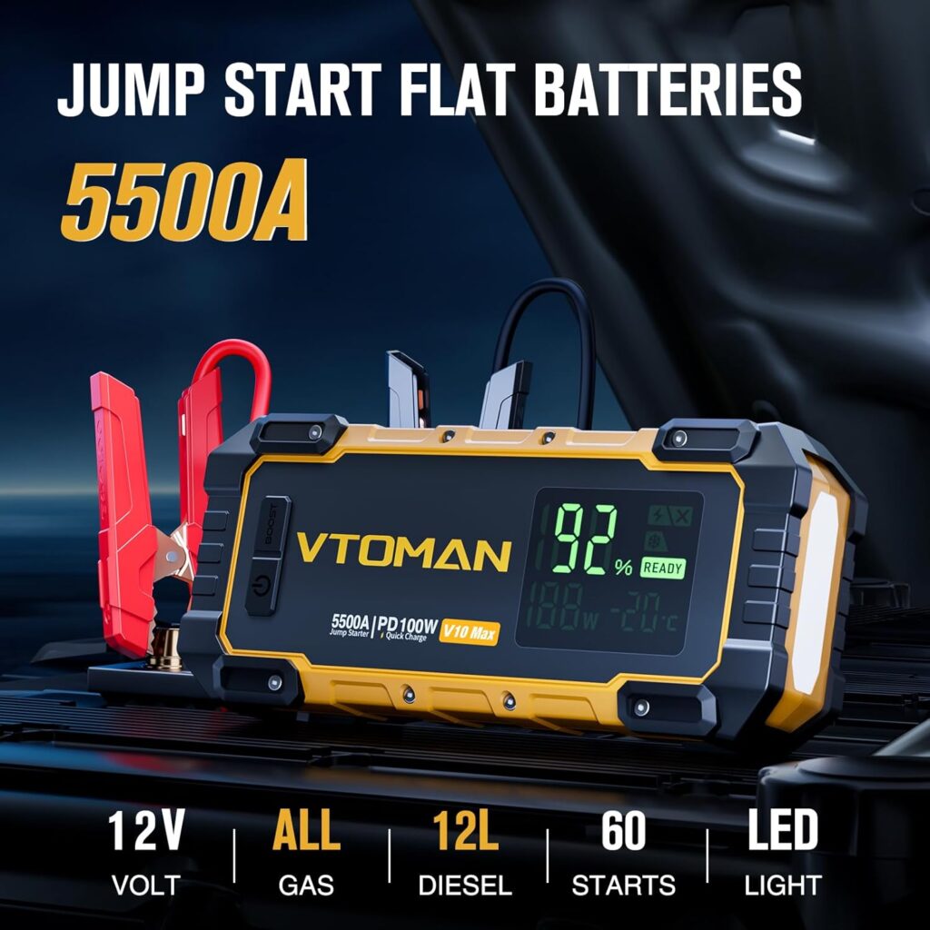VTOMAN V10 Max 5500A Jump Starter with 100W USB-C Fast Charger Car Battery Jumper Starter Portable for All Gas or 12L Diesel Engines,12V Jump Strart Booster Pack, Jump Box Comes with 100W Car Charger