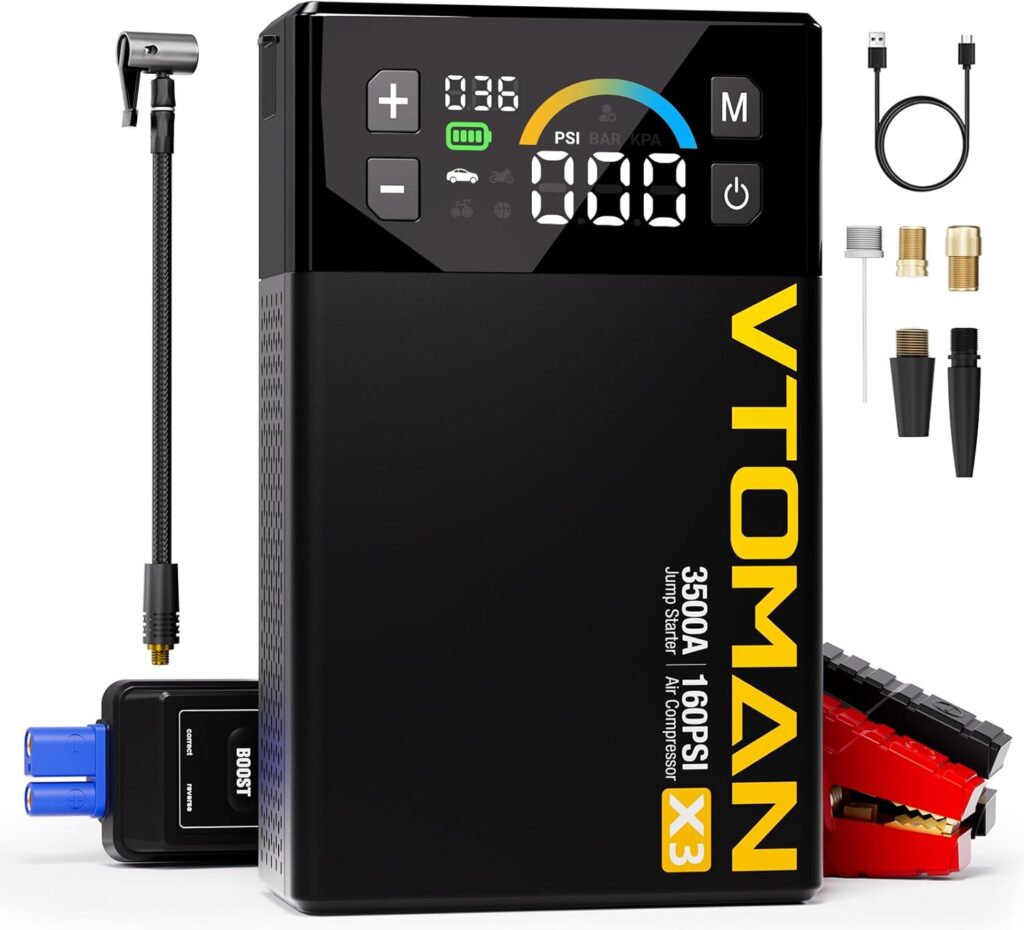 VTOMAN X3 Jump Starter with Air Compressor, 3500A Portable Car Battery Jumper Starter (9L Gas/8.5L Diesel Engines) with 160PSI Auto-Shutoff Tire Inflator, 12V Lithium Battery Booster Pack, Jump Box
