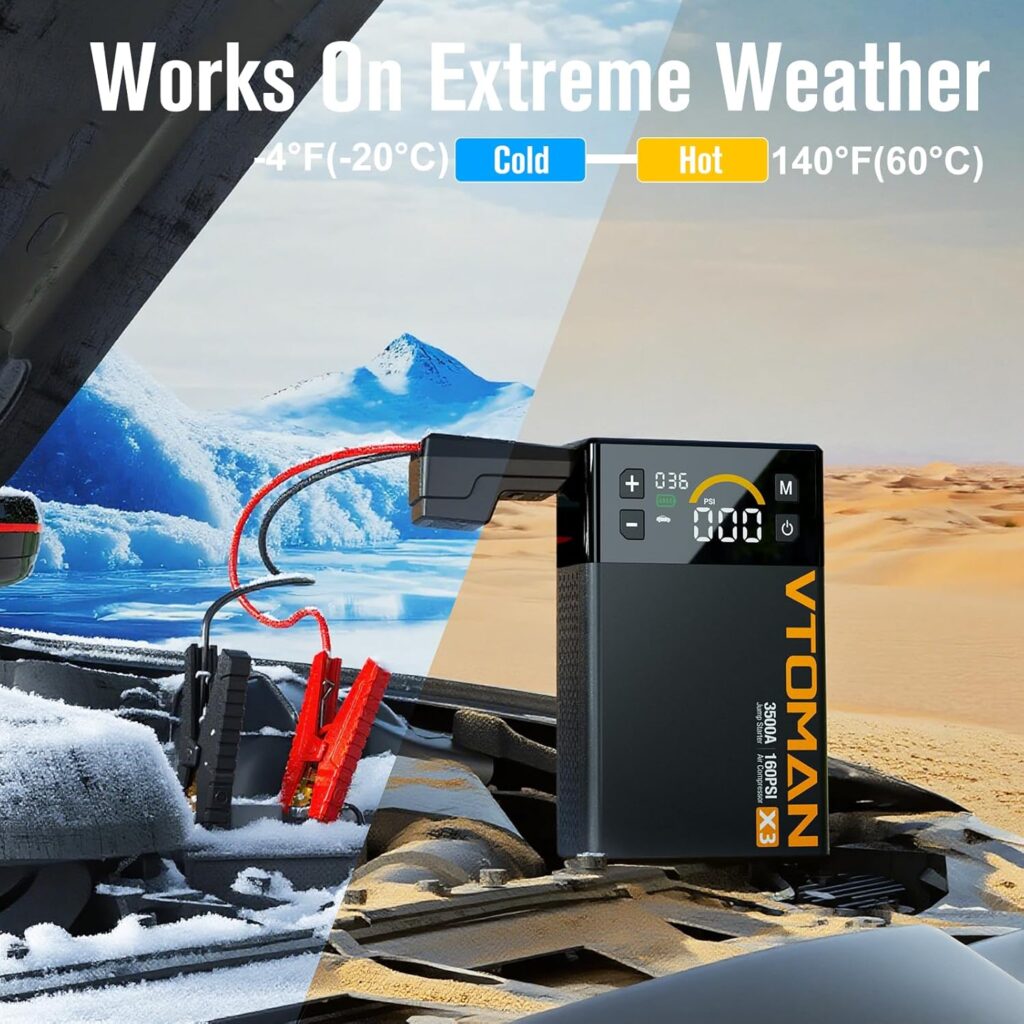VTOMAN X3 Jump Starter with Air Compressor, 3500A Portable Car Battery Jumper Starter (9L Gas/8.5L Diesel Engines) with 160PSI Auto-Shutoff Tire Inflator, 12V Lithium Battery Booster Pack, Jump Box