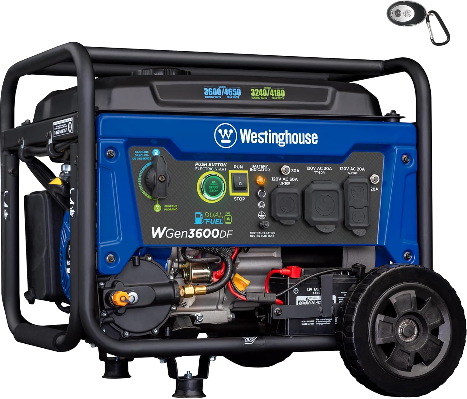 Westinghouse 4650 Peak Watt Dual Fuel Portable Generator, Remote Electric Start with Auto Choke, RV Ready 30A Outlet, Gas  Propane Powered