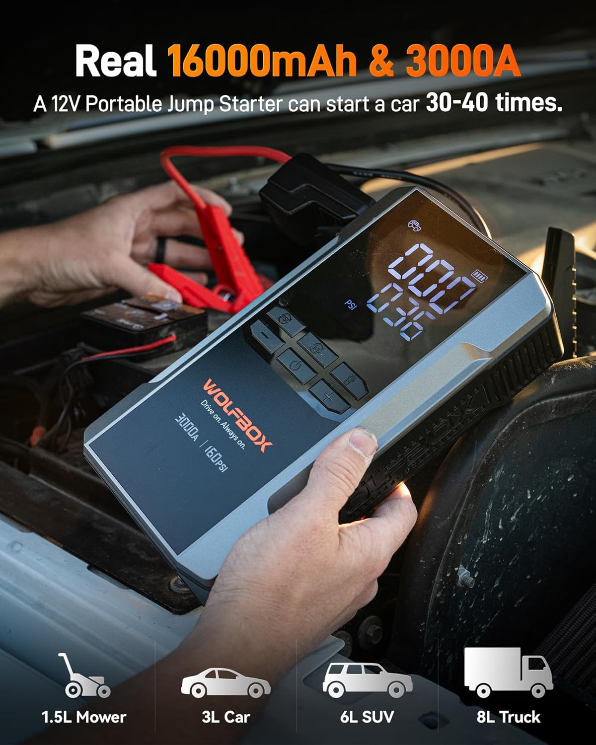 WOLFBOX 4000A Jump Starter with 160PSI Air Compressor, 12V Car Battery Booster, 65W Fast Charge, 24000mAh Portable Tire Inflator, LED Display for 10L Gas  10L Diesel Engines, LED Light, Jumper Cables