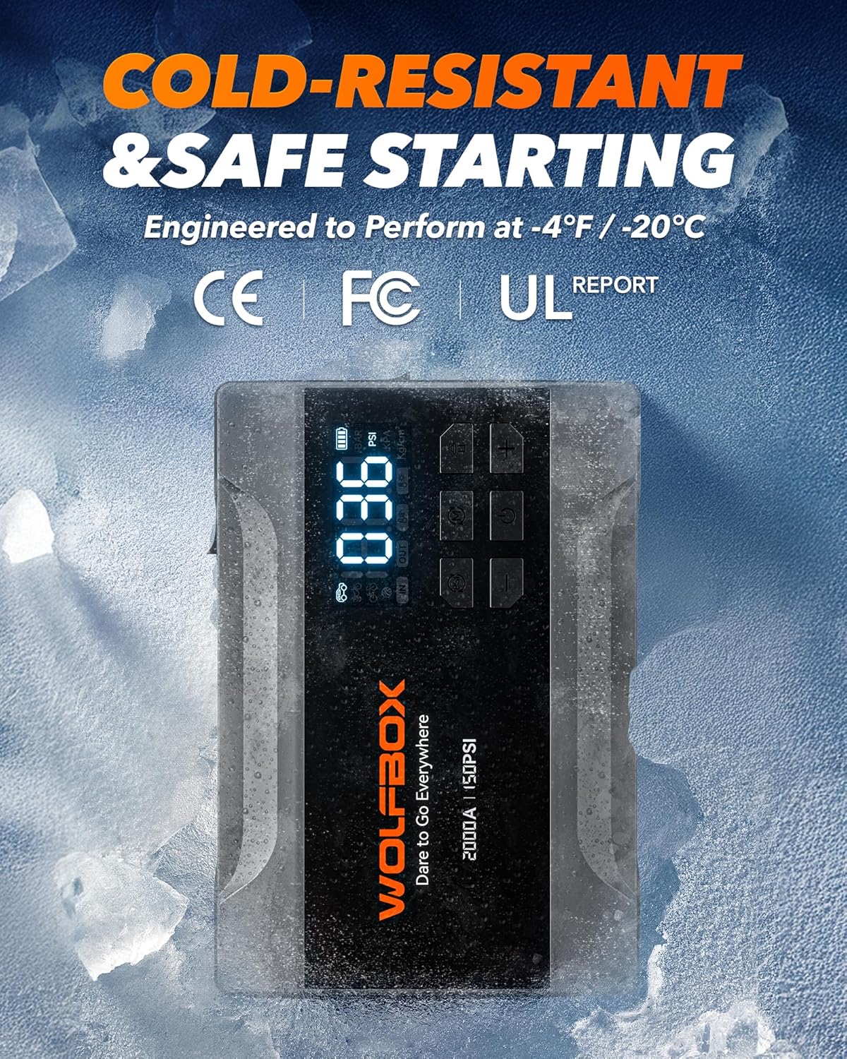 WOLFBOX 4000A Jump Starter with 160PSI Air Compressor, 12V Car Battery Booster, 65W Fast Charge, 24000mAh Portable Tire Inflator, LED Display for 10L Gas  10L Diesel Engines, LED Light, Jumper Cables