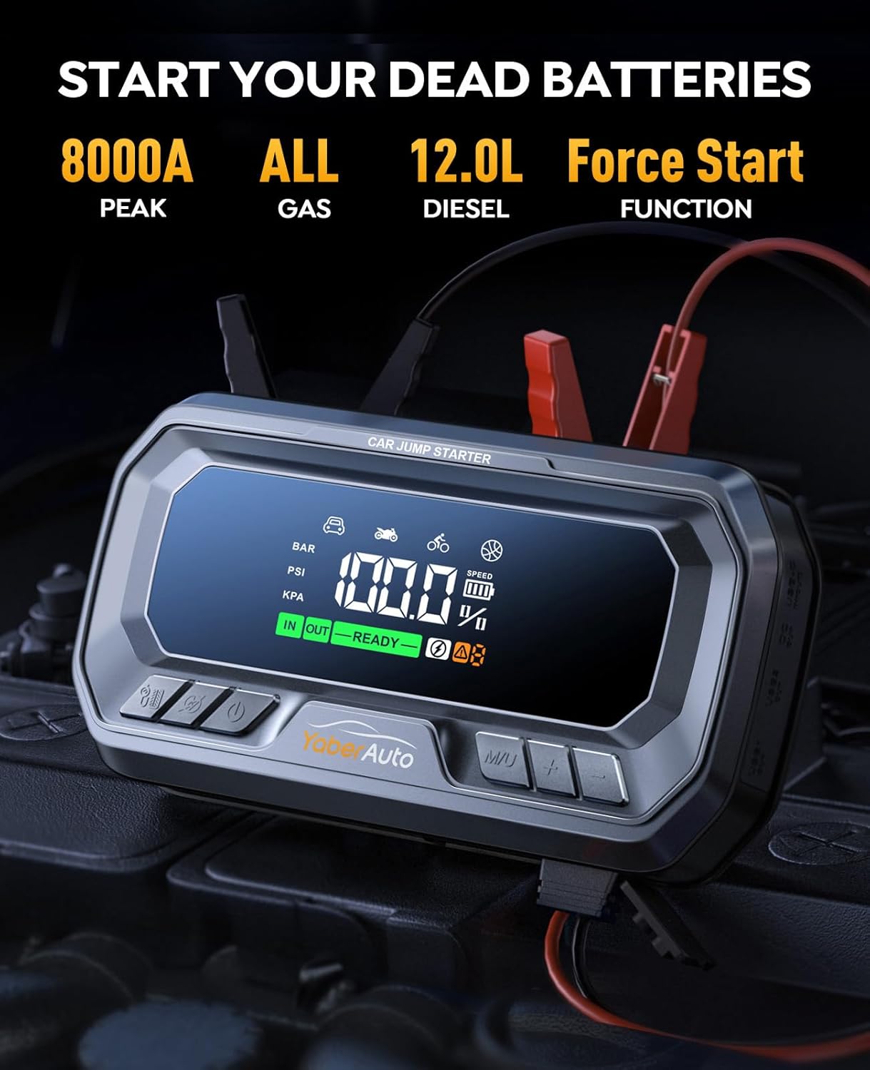 YaberAuto 10-in-1 Jump Starter with Air Compressor 6000A 150PSI Portable Car Battery Jump Starter (All Gas/10L Diesel) Jump Box Car Battery Jumper Starter Portable Jumper Cables, Gloves, 150WDC, Light