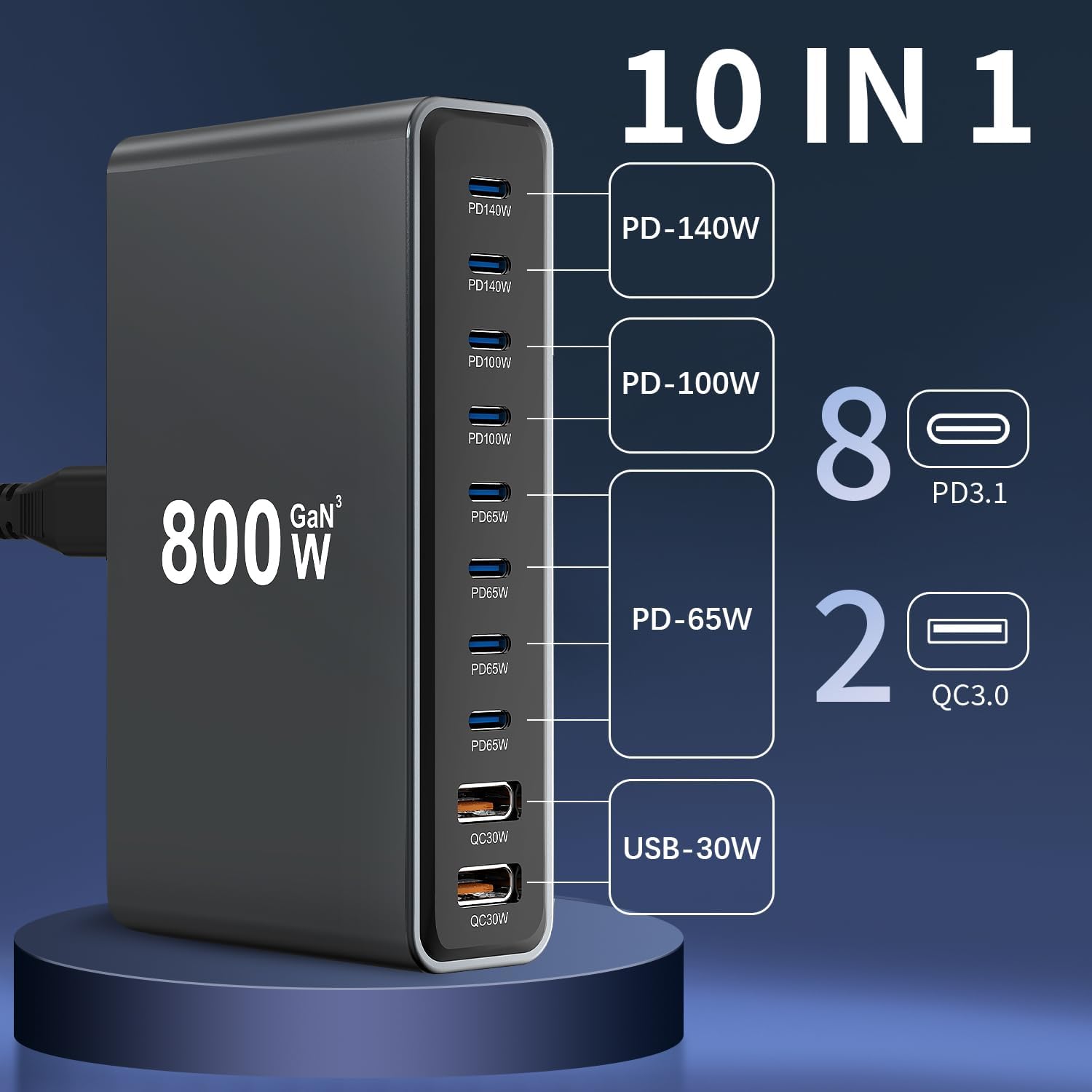 800W GaN3 10-Port USB-C Charging Station - Fast Charger for Laptops, Tablets, Smartphones, and More (Black)