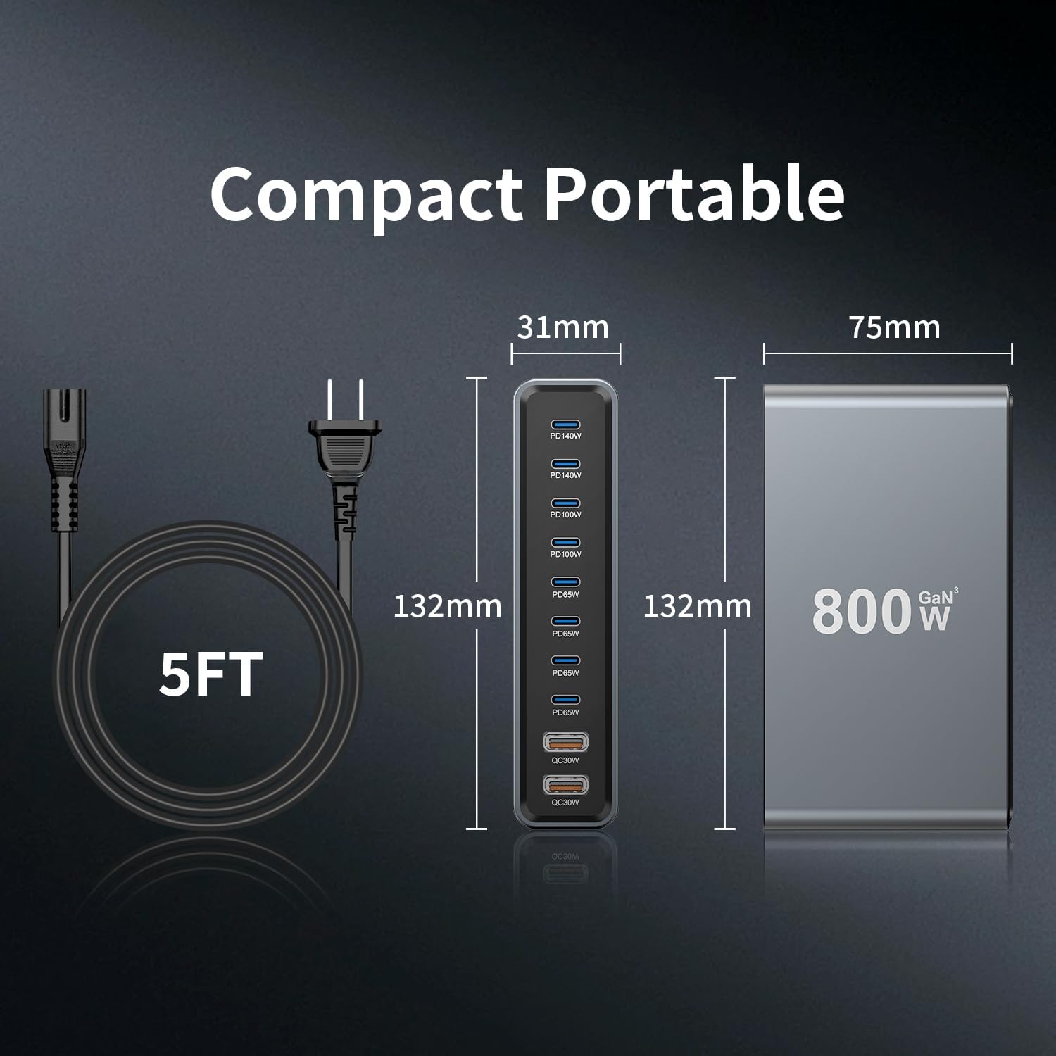 800W GaN3 10-Port USB-C Charging Station - Fast Charger for Laptops, Tablets, Smartphones, and More (Black)