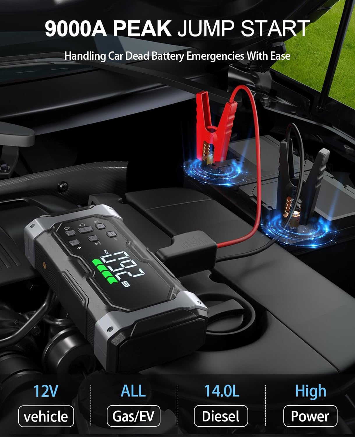 All-Around 9000A Jump Starter with 150PSI Air Compressor/Deflator, 12V Portable Car Booster (All Gas/14L Diesel), 9-in-1 Power Pack with Real-Time LCD, Smart Cables, Emergency Lights