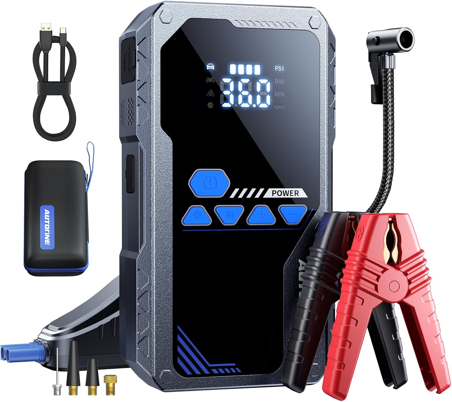AUTOONE 6000A Jump Starter with Air Compressor (All Gas/10L Diesel), 150PSI Car Jumper Starter Portable, Jump Box Tire Inflator with LED Flashlight, LCD Display, Storage Case
