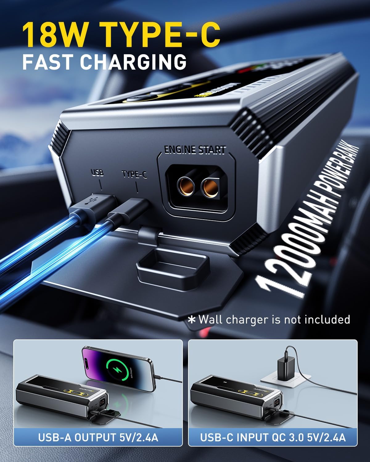 AUXITO 6000A Jump Starter, 12V Car Battery Jump Starter, Up to All Gas  12L Diesel Engine with LED Display, Portable Jump Box with 3 Modes Flashlight and Jumper Cable, Storage Case