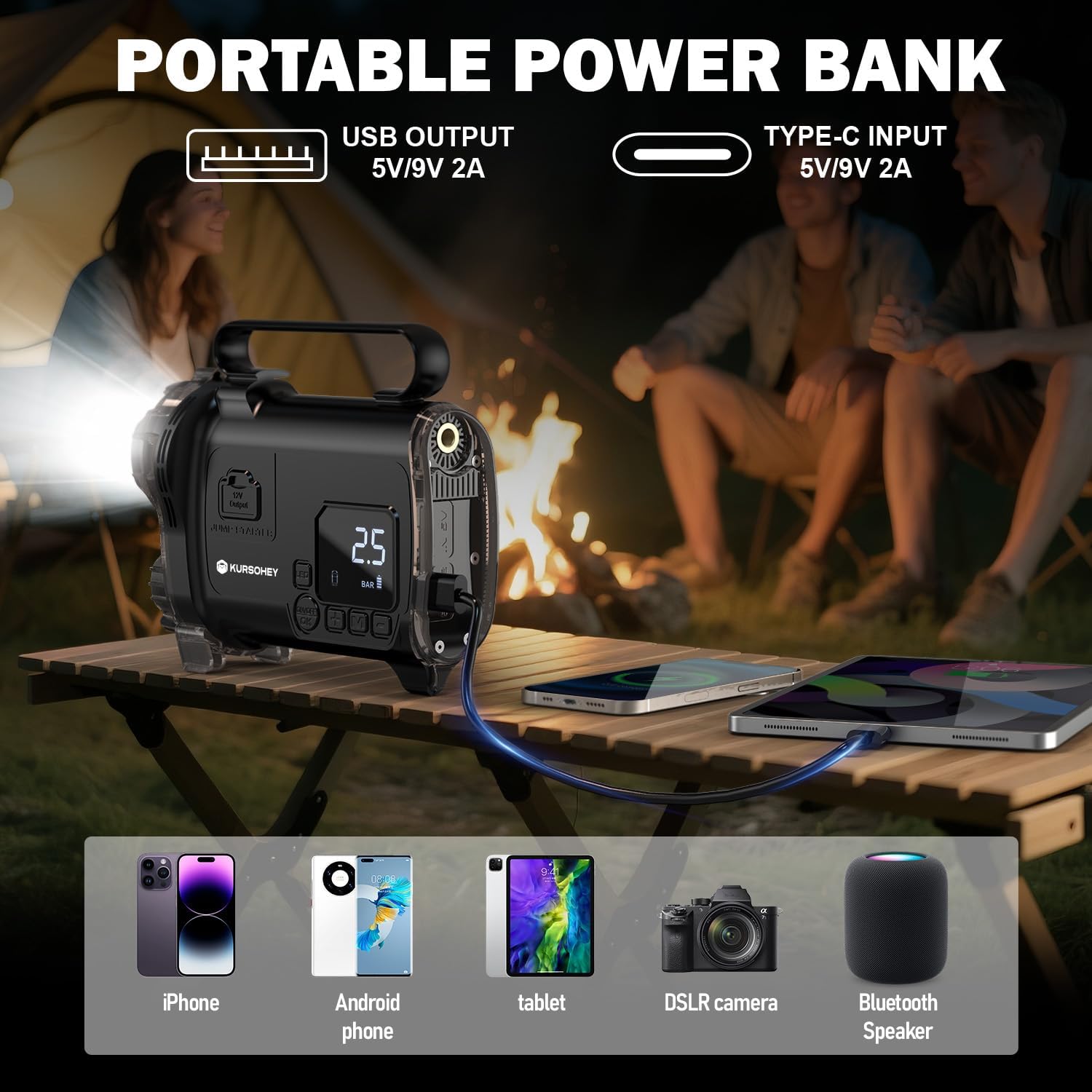 Battery Jumper Starter Portable,Jump Starter with Air Compressor, 6000A Portable 12V Jump Box Battery Pack for 9L Gas/7L Diesel Engines with Led Light, 150 PSI Booster, USB Power Bank, LED Display