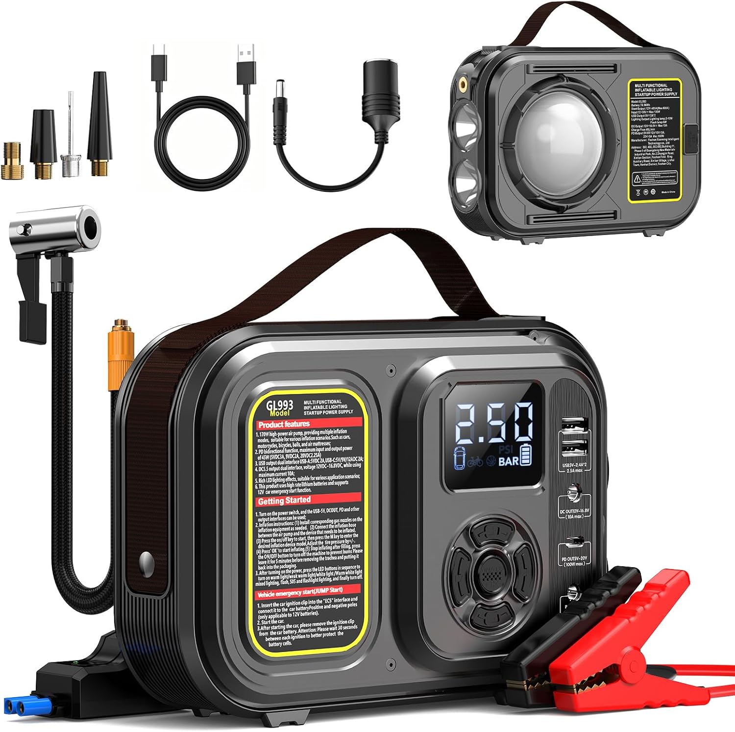 Battery Jumper Starter Portable,Jump Starter with Air Compressor, 6000A Portable 12V Jump Box Battery Pack for 9L Gas/7L Diesel Engines with Led Light, 150 PSI Booster, USB Power Bank, LED Display