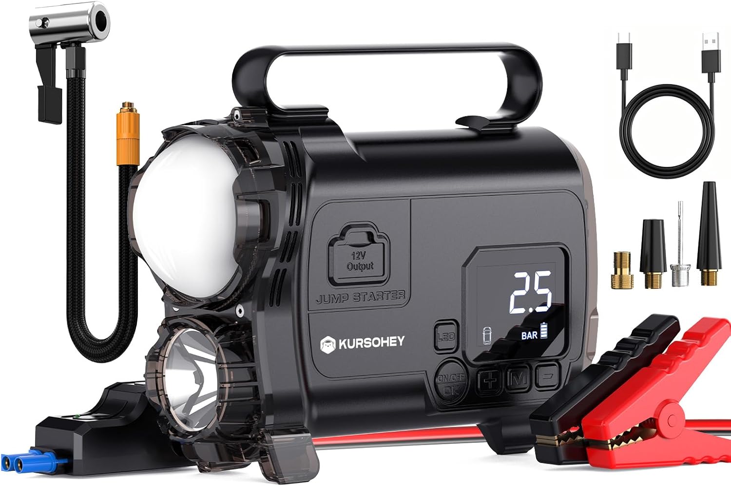 Battery Jumper Starter Portable,Jump Starter with Air Compressor, 6000A Portable 12V Jump Box Battery Pack for 9L Gas/7L Diesel Engines with Led Light, 150 PSI Booster, USB Power Bank, LED Display