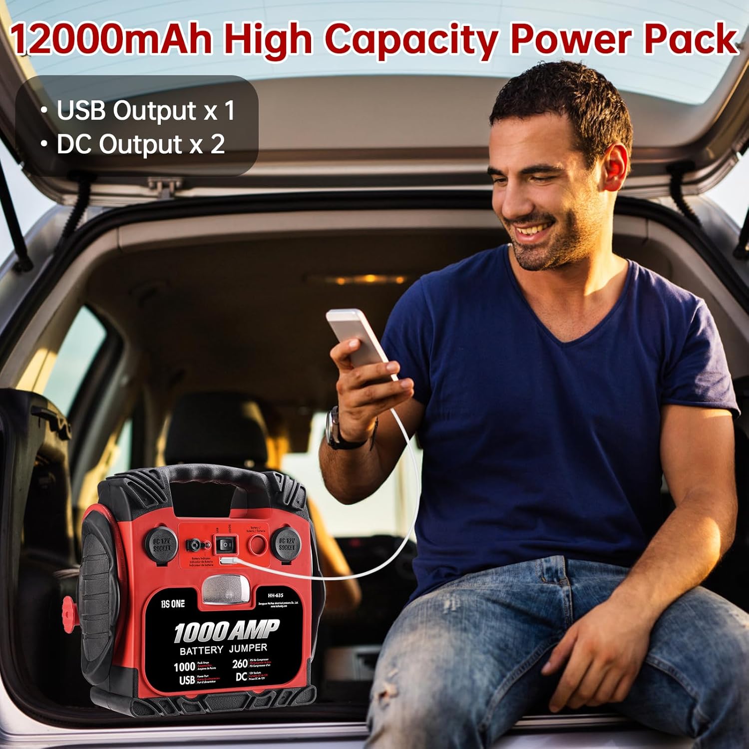 BS ONE 1000 Amp Peak Current Car Jump Stater, 12V Lead Acid Battey Jump Box with 260PSI Air Compressor, Jump Starter Battery Pack with Led Light  USB Output