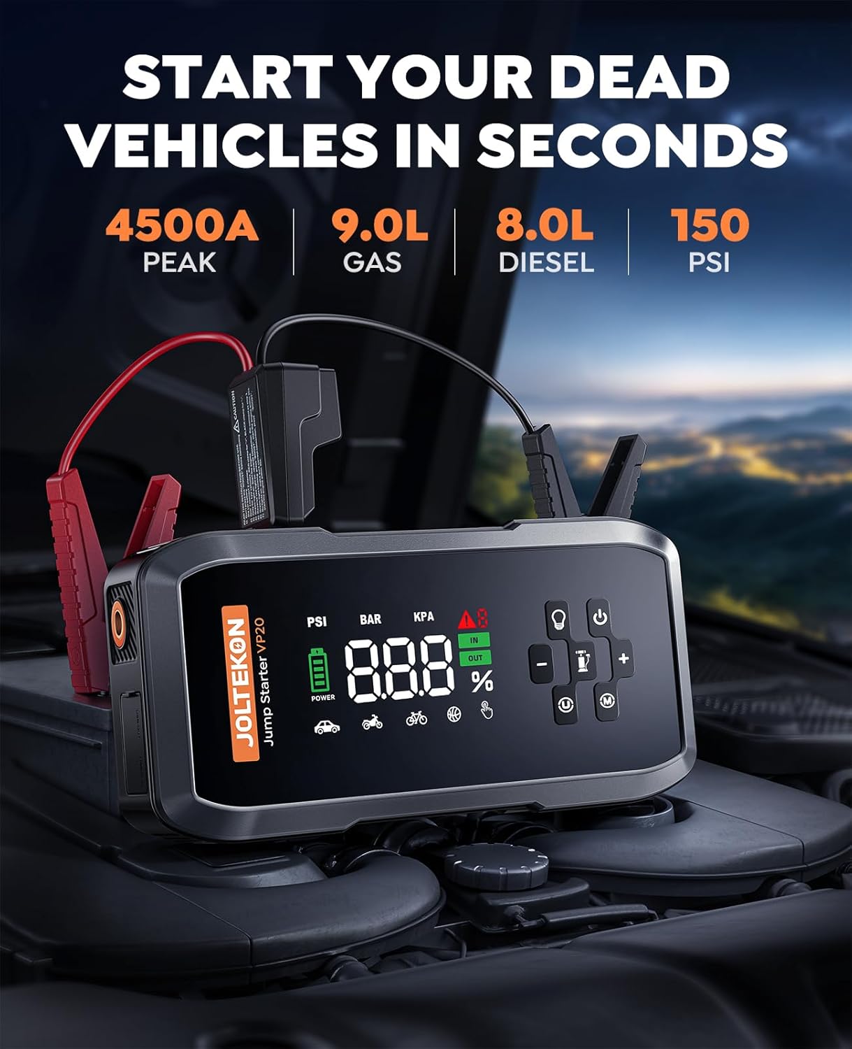 Car Jump Starter with Air Compressor 150PSI, 4500A Battery Jumper Starter Portable(9L Gas/8L Diesel), 12V Jump Starter with Auto-Pause Pump, Jump Box for Car Battery with 10-Safety Protection