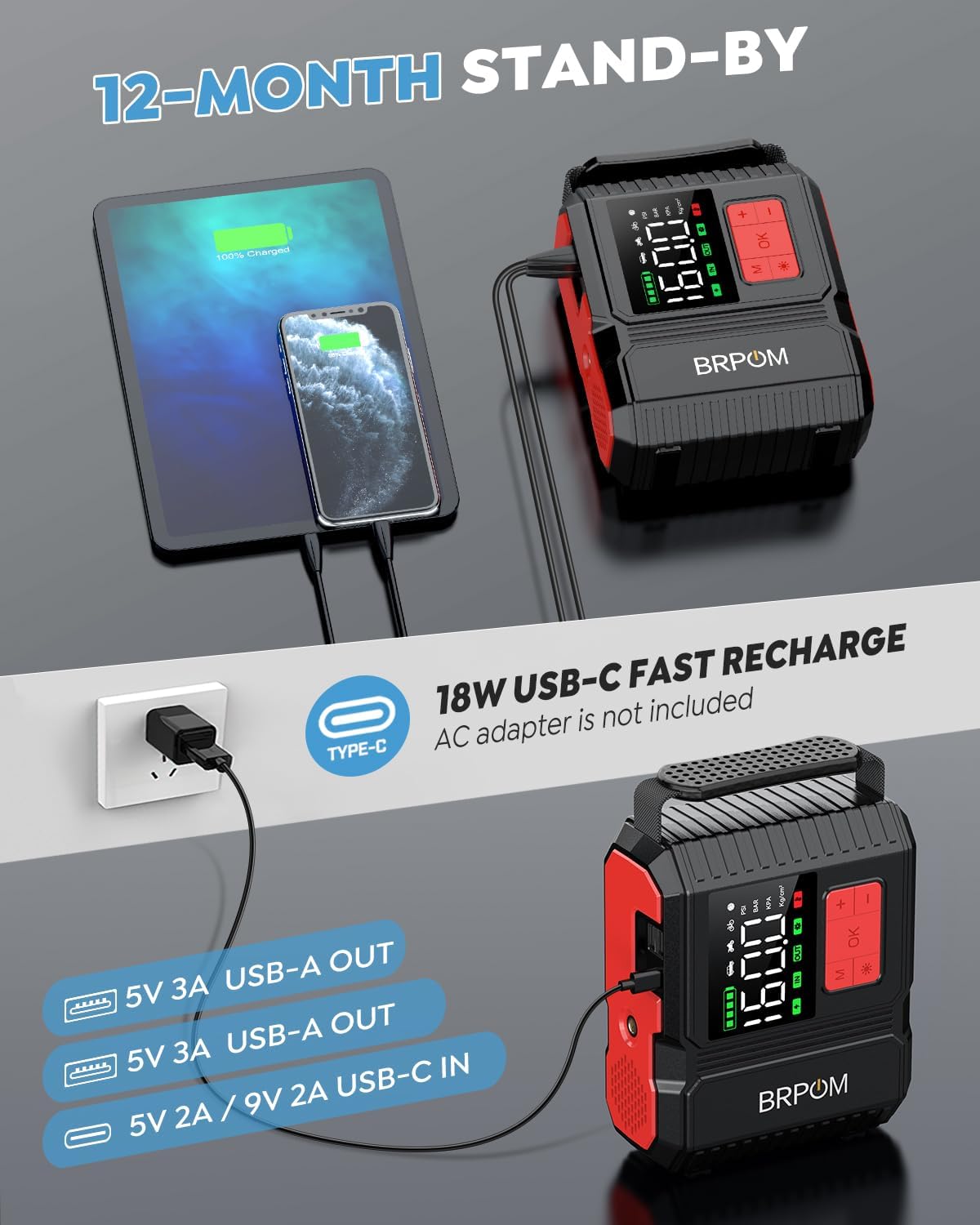 Car Jump Starter with Air Compressor, 160PSI 8000A Peak 26800mah (Up to All Gas or 12.0L Diesel Engine, 50 Times) Portable Jump Starter 12V Auto Battery Jump Pack Quick Charge