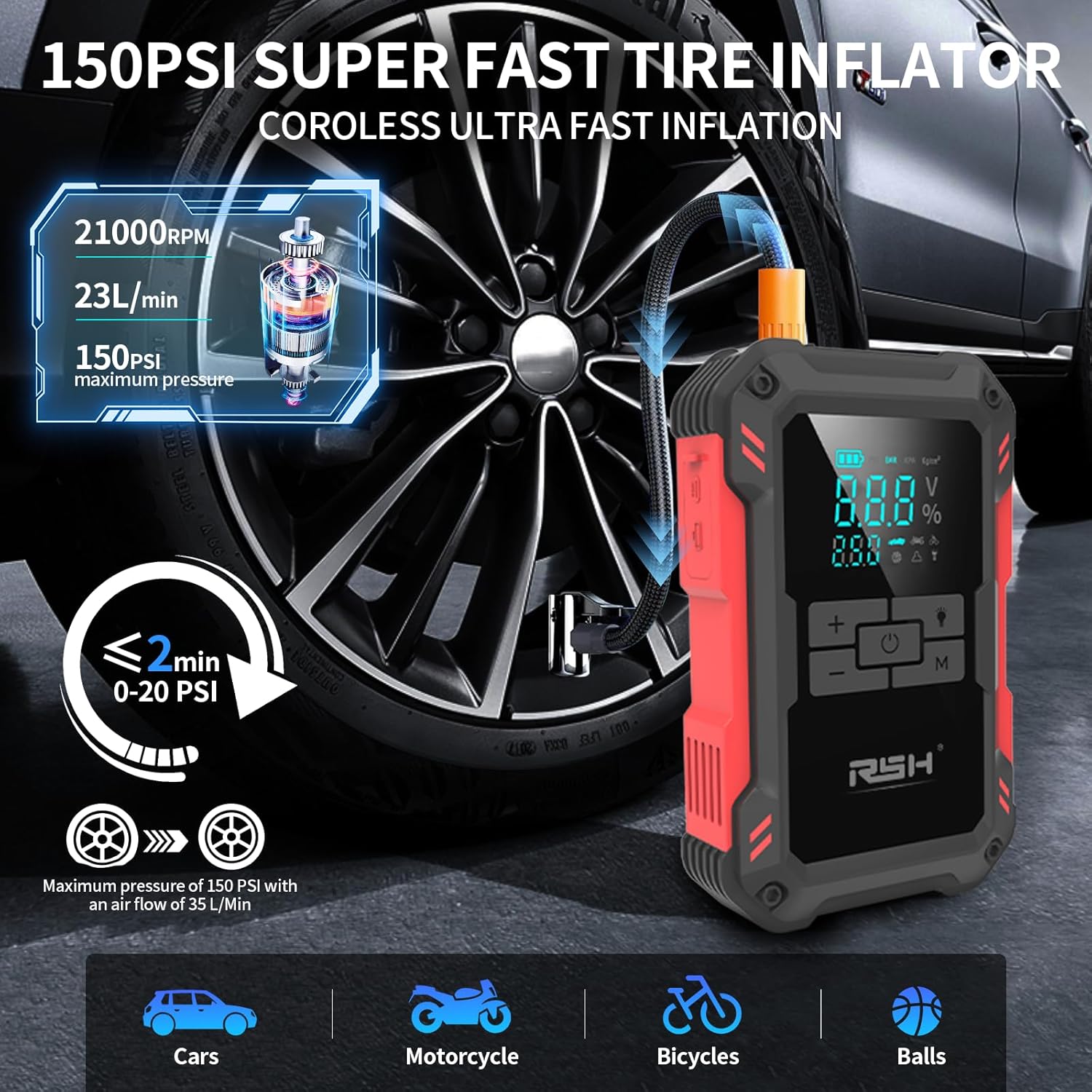Car Jump Starter with Air Compressor 4000A Peak Battery Jump Starter 12V 150PSI Jump Box (up to 9L Gas,7.0L Diesel Engine) Auto Booster,LED Light  15000MA with 65W USB Quick Charger and Type C