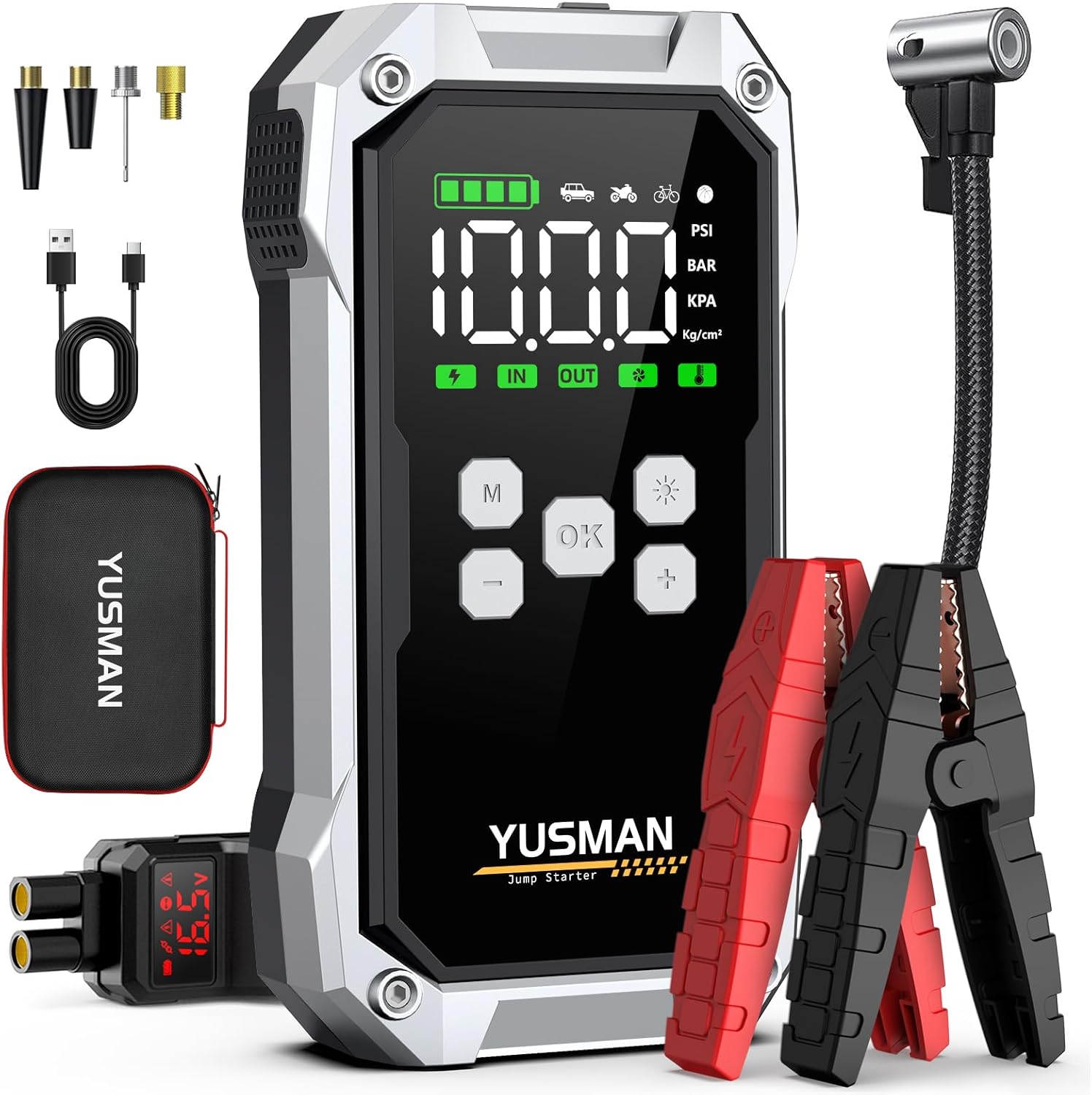 Car Jump Starter with Air Compressor, 8000A 150PSI Jump Starter Pack (All Gas/10.0L Diesel), 12V Battery Jump Starter with Display, Smart Jumper Cables, 2 LED Light