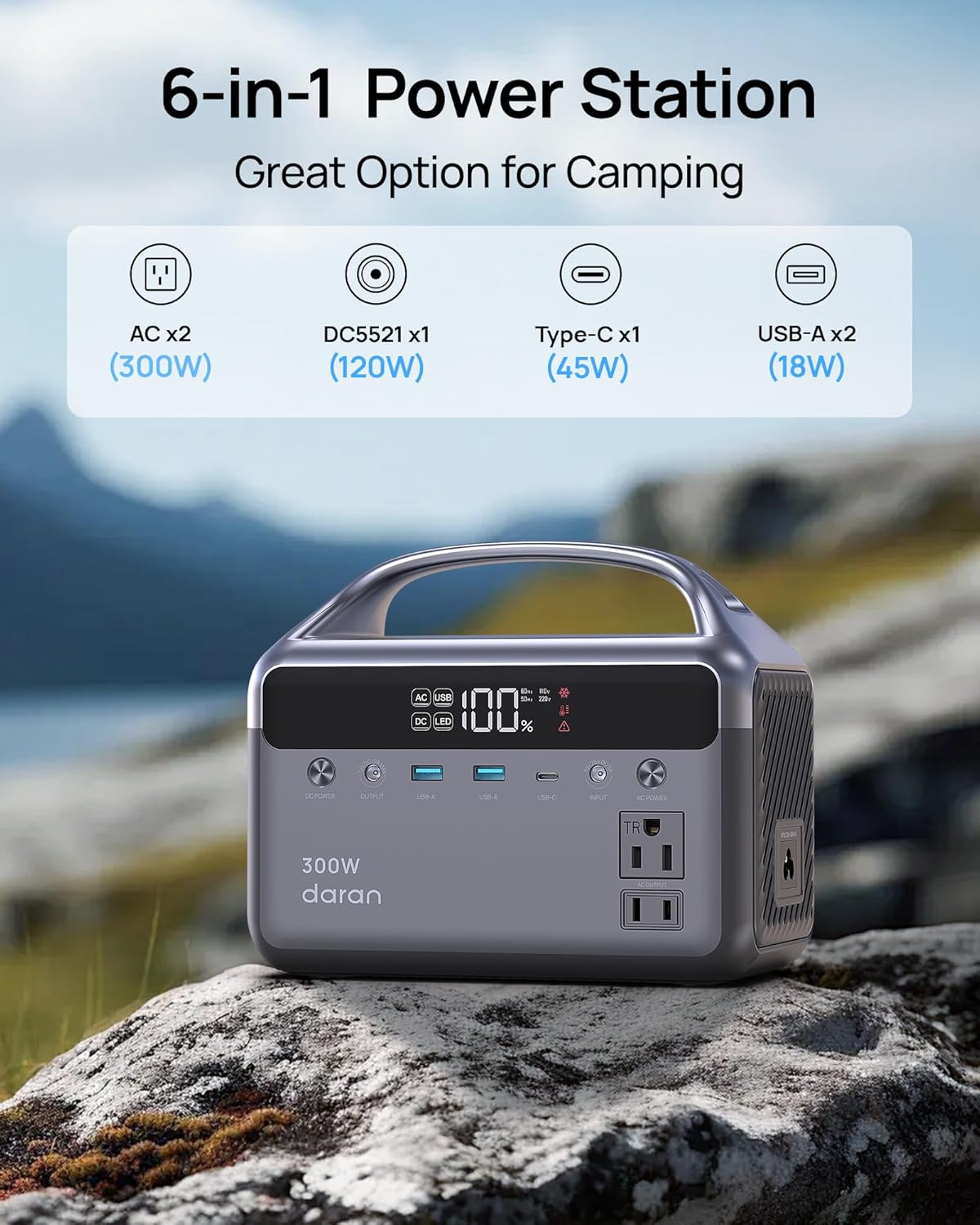 DaranEner Portable Power Station, 300W (Surge 600W) 192Wh(60,000mAh) Power Bank with 110V AC Outlet, LiFePO4 Battery for Home Emergency, Camping, Travel, Outdoor Electronics(Option Solar Generator)