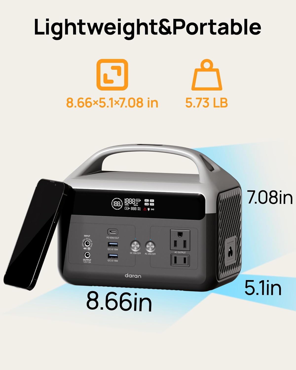 DaranEner Portable Power Station 60,000mAh, 192Wh LiFePO4 Battery Backup w/2 300W (Surge 600W) AC Outlets, 2H Fast Charging, Power Bank for Hurricane Emergency/Home/Outdoor Camping/RVs Use