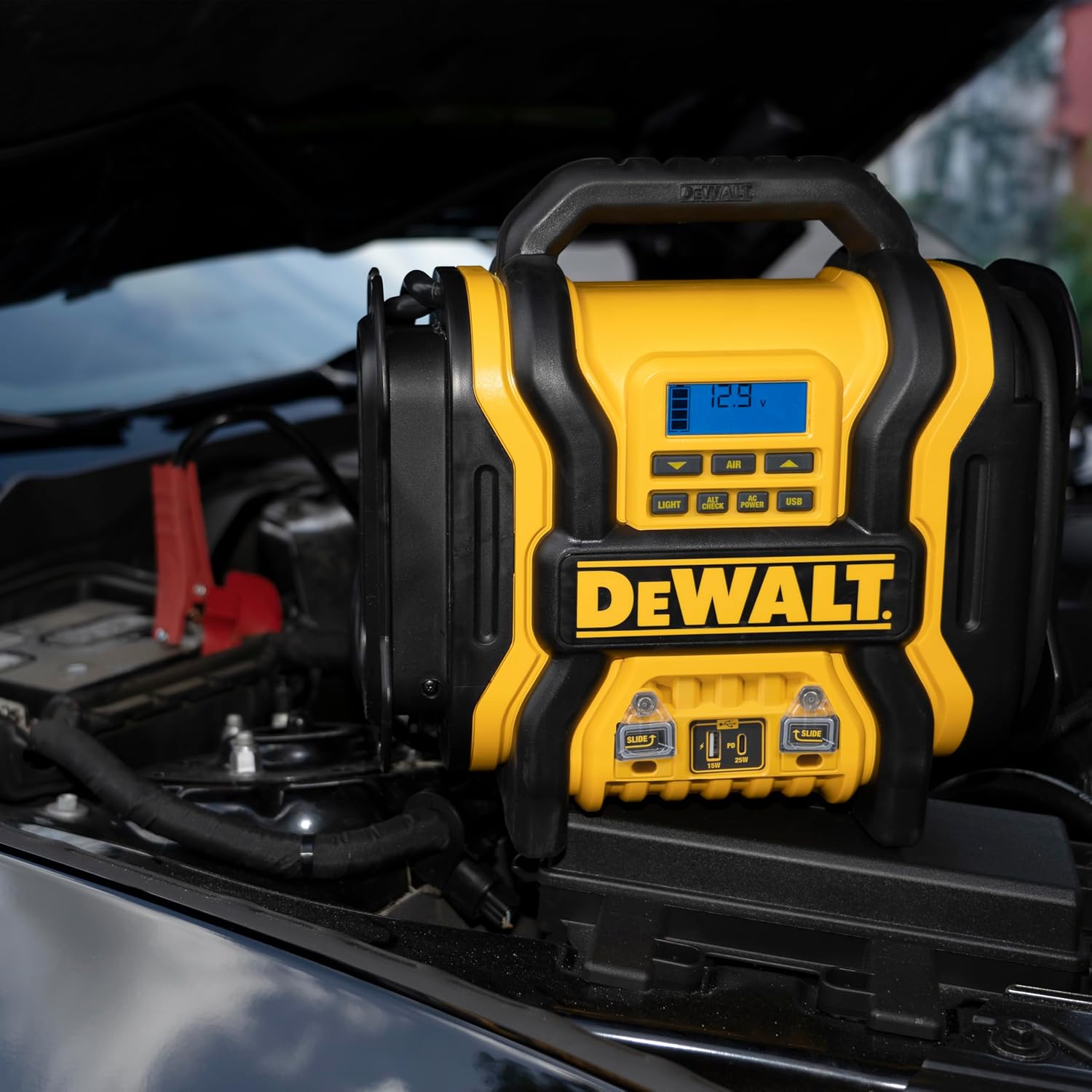 DEWALT DXAEPS14 2000 Peak Battery Amp 12V Automotive Battery Booster Jump Starter/Power Station with 120 PSI Compressor, 500W AC Power Inverter, and 15W USBa  25W USB Ports