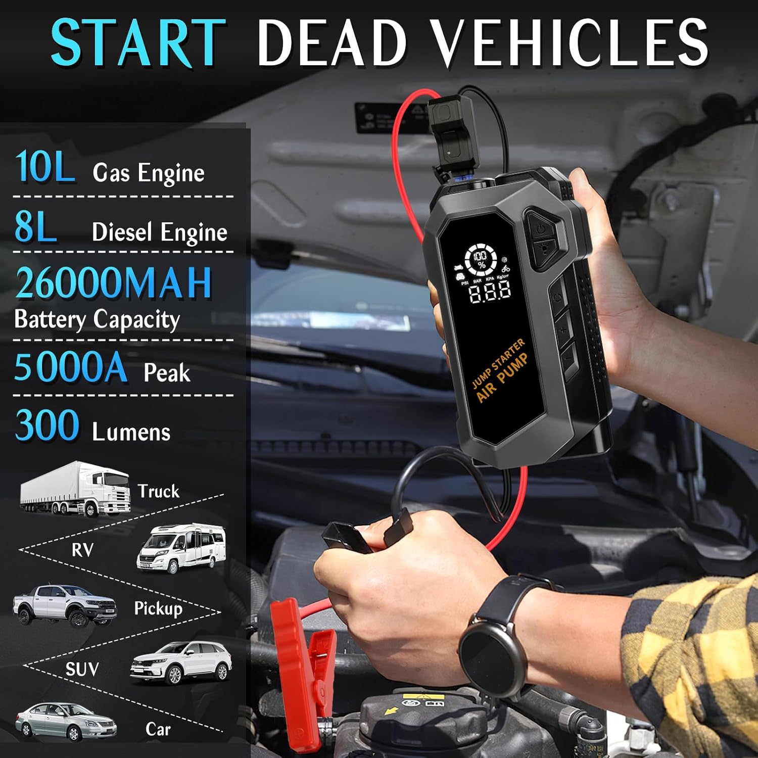 E-Ant Car Jump Starter with Air Compressor(10L Gas/8L Diesel), 4000A Peak 12v Auto Battery Jump Pack, Power Bank USB QC3.0 Outputs Portable Battery Booster Pack Jumper Box Tire inflator (Black)