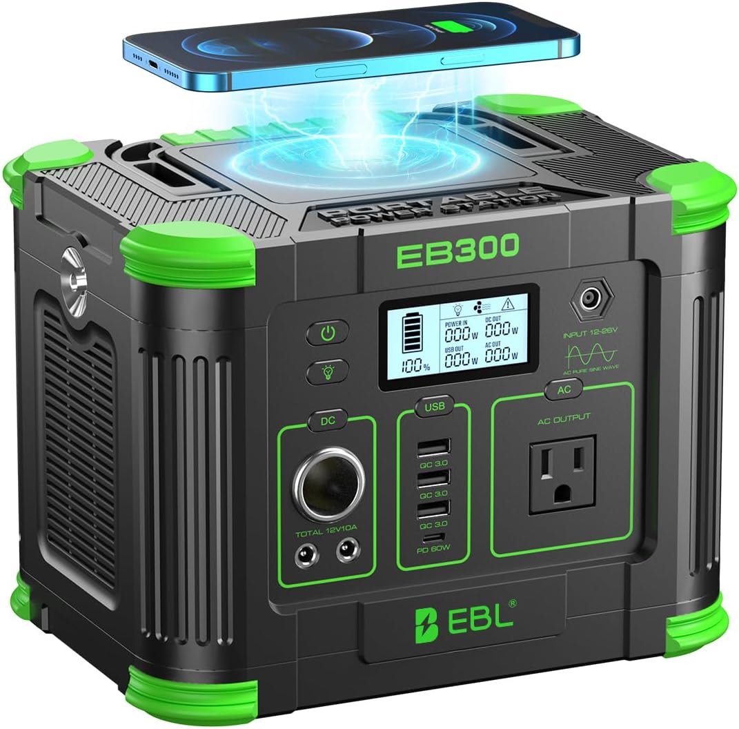 EBL Portable Power Station, 330W 288.6Wh Solar Generator 60W USB-C PD, 5W Wireless Charger, SOS Emergency Light, Multi-Port Power Supply for Outdoor Camping, Home Blackout, RV Travel