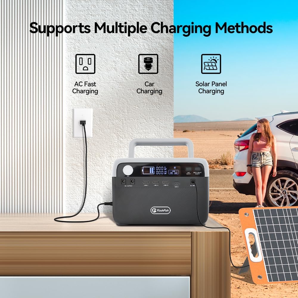 FF Flashfish Portable Power Station, 230Wh LiFePO4 Battery Pack, Solar Generator With 300W AC Output(Peak 600W), Backup Power Emergency Power Supply For Home, Camping, CPAP