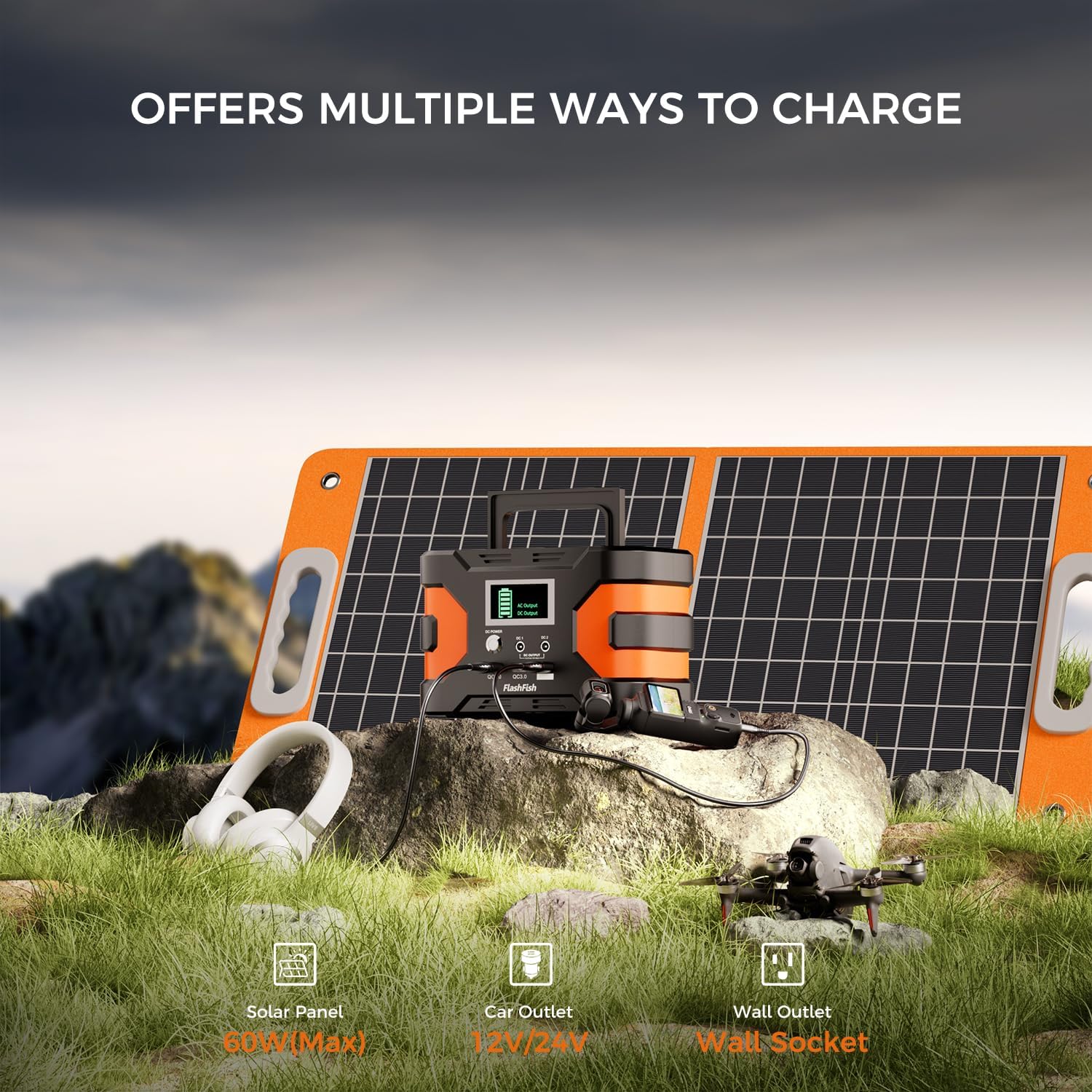 Flashfish 150W Portable Power Station 166Wh, 300W Peak Solar Generator with 2 Ac Outlets, 2 DcPorts  3 USB Ports, Backup Battery Pack for Camping, Outdoor Emergency, Home Power Supply