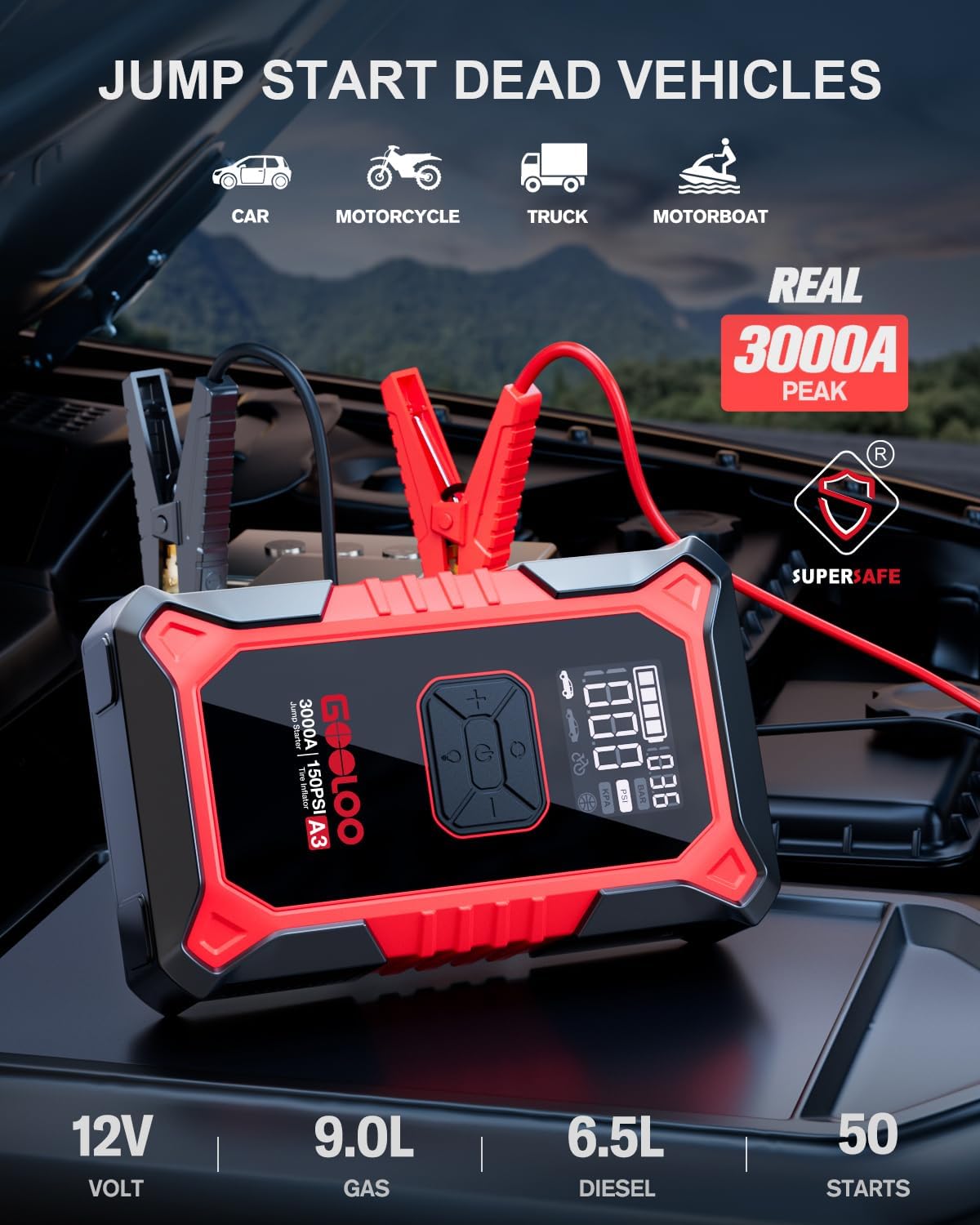 GOOLOO A3 Jump Starter with Air Compressor, 3000A Portable Car Battery Booster (9.0 Gas/6.5L Diesel) with 150PSI Auto-Shutoff Tire Inflator, 12V Supersafe Lithium Jump Box Car Battery Jumper Starter