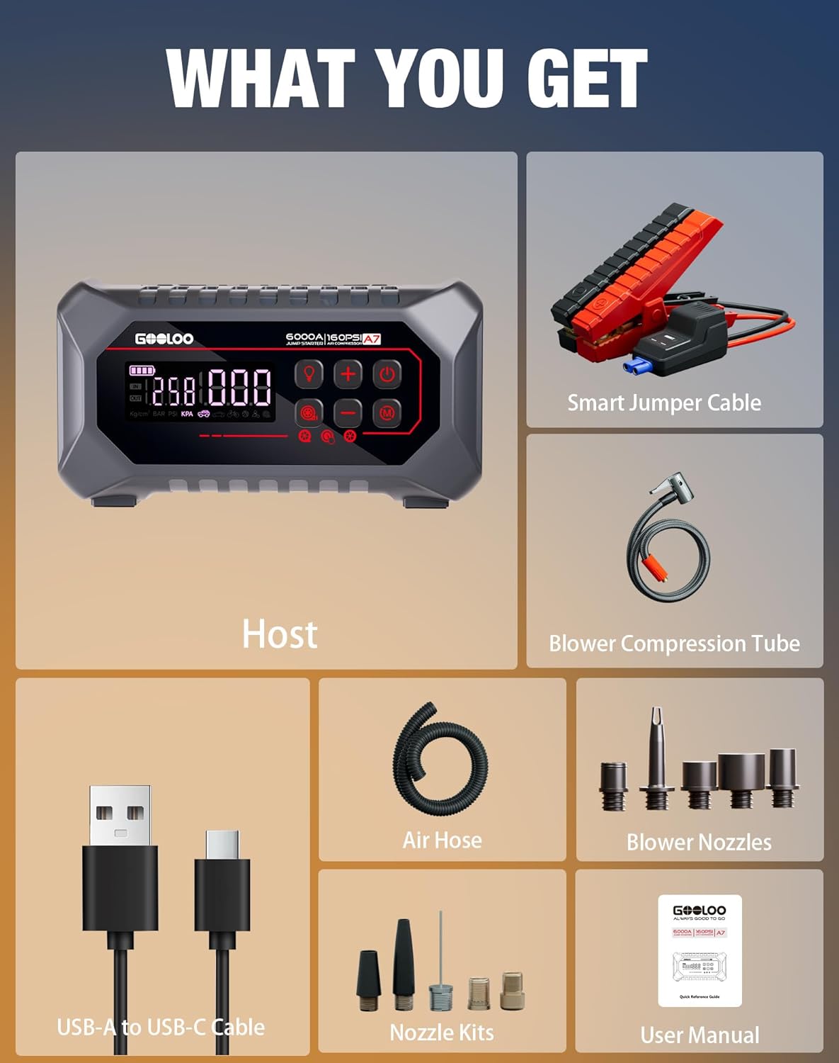 GOOLOO A7 Jump Starter with Air Compressor, 6000A 160PSI 12V Car Battery Jumper Starter Portable Booster Pack, 12-in-1 Jump Box (All Gas  10L Disel) with Tire Inflator  Air Pump(Inflate Deflate)