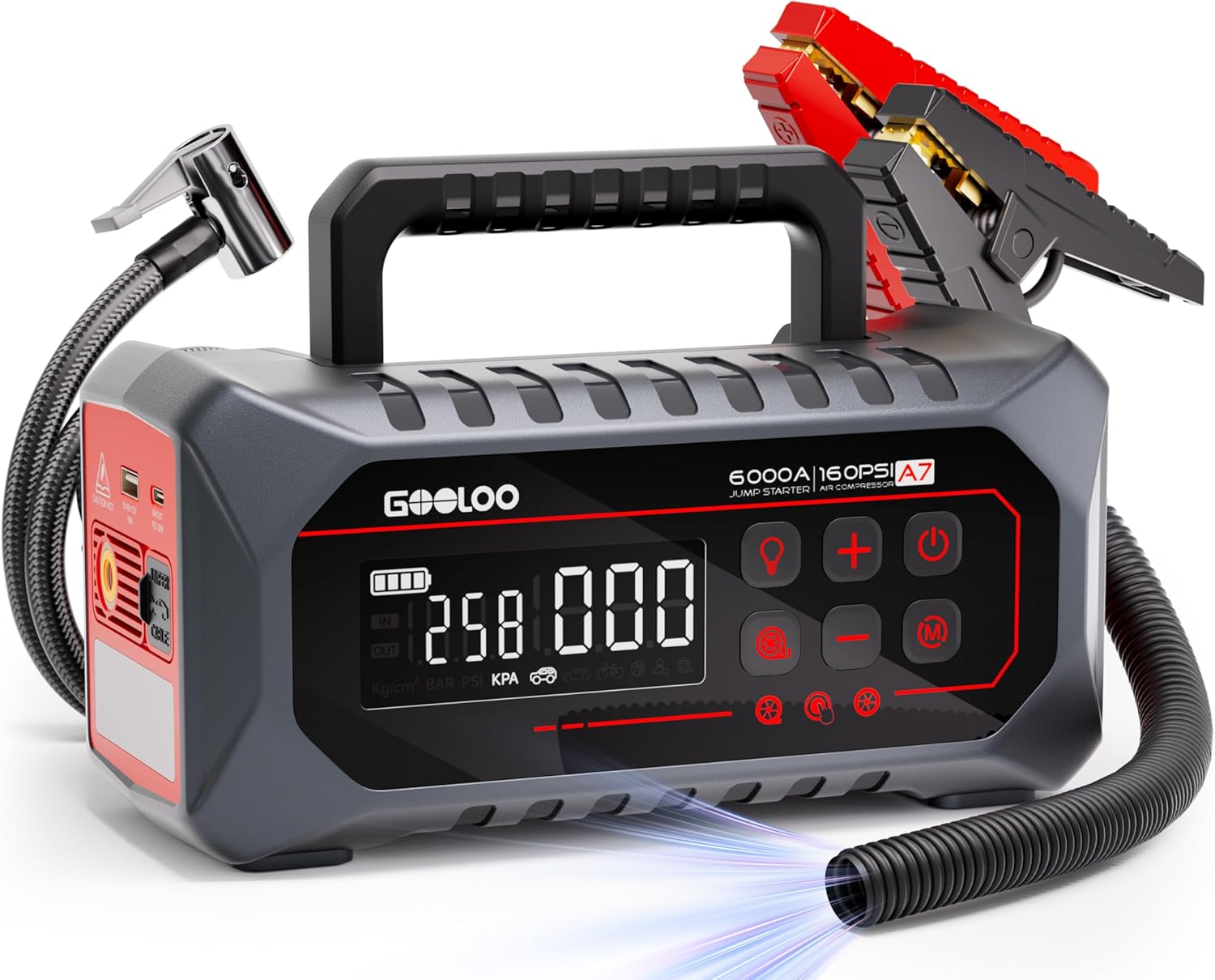 GOOLOO A7 Jump Starter with Air Compressor, 6000A 160PSI 12V Car Battery Jumper Starter Portable Booster Pack, 12-in-1 Jump Box (All Gas  10L Disel) with Tire Inflator  Air Pump(Inflate Deflate)