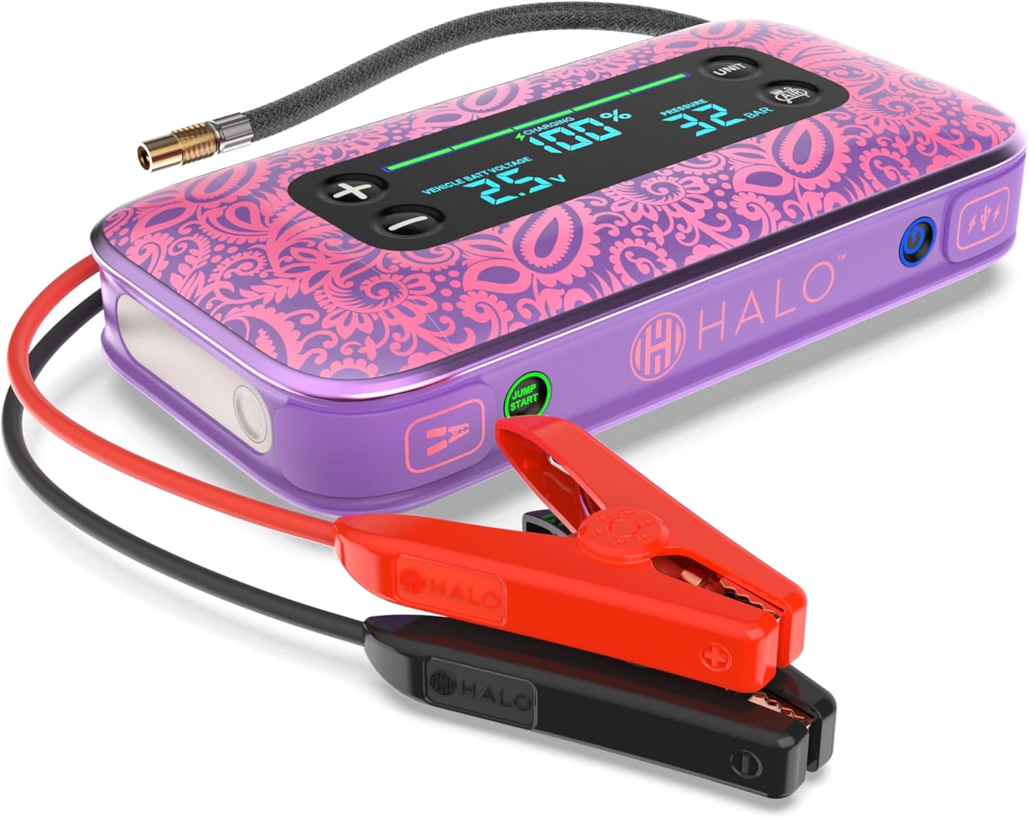 HALO Bolt Air+ 1750 Portable Car Battery Jump Starter | 130 PSI Air Compressor, 59.9Wh USB Power Bank, Large Display, Emergency Floodlight  Charger, Jumps Cars SUVs  Trucks, Inflates Tires — Black