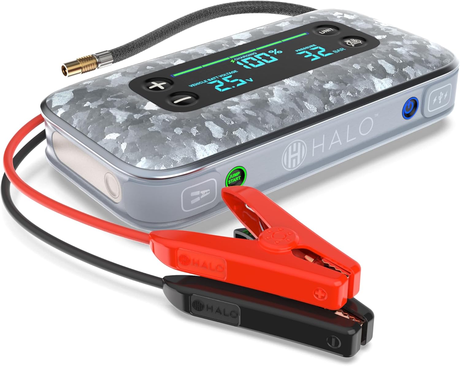 HALO Bolt Air+ 1750 Portable Car Battery Jump Starter | 130 PSI Air Compressor, 59.9Wh USB Power Bank, Large Display, Emergency Floodlight  Charger, Jumps Cars SUVs  Trucks, Inflates Tires — Black